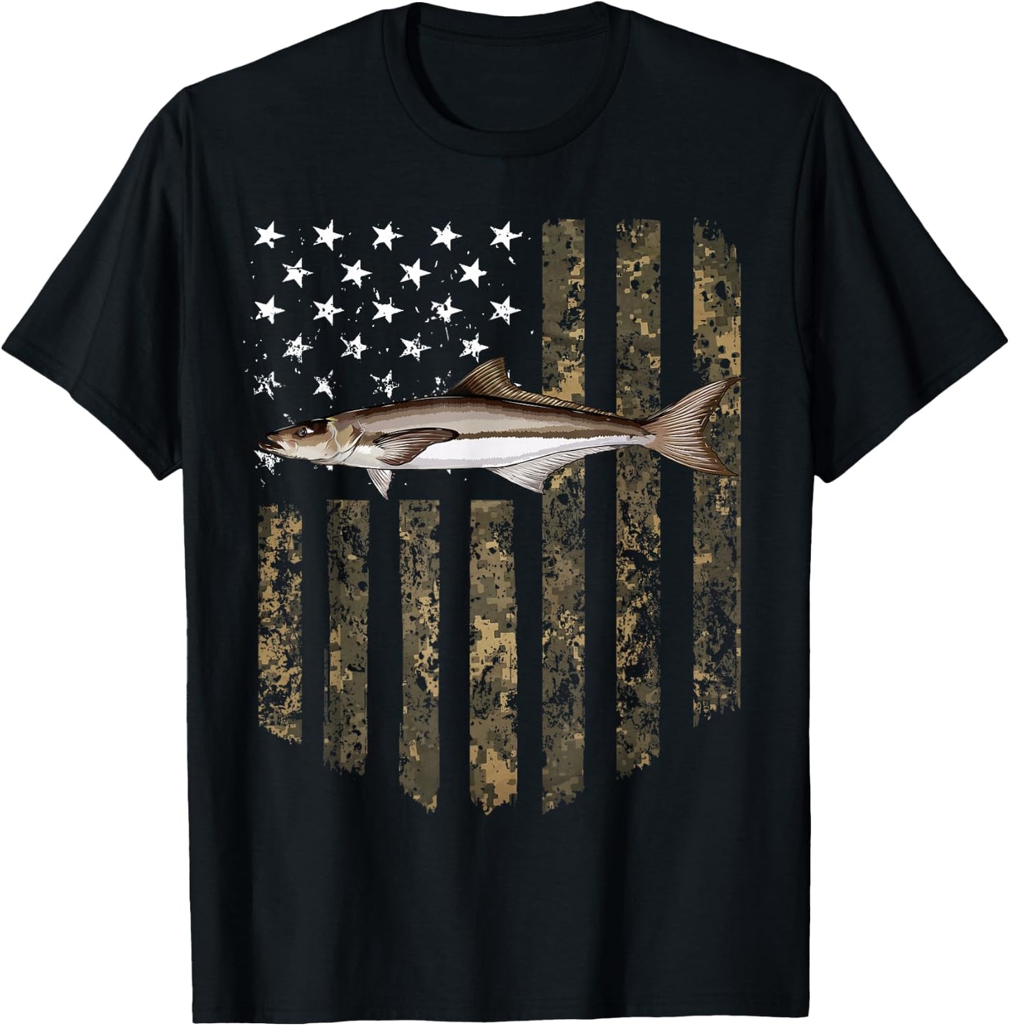 Camo American Flag Cobia Fishing 4th Of July T-Shirt - T-Shirt | Black