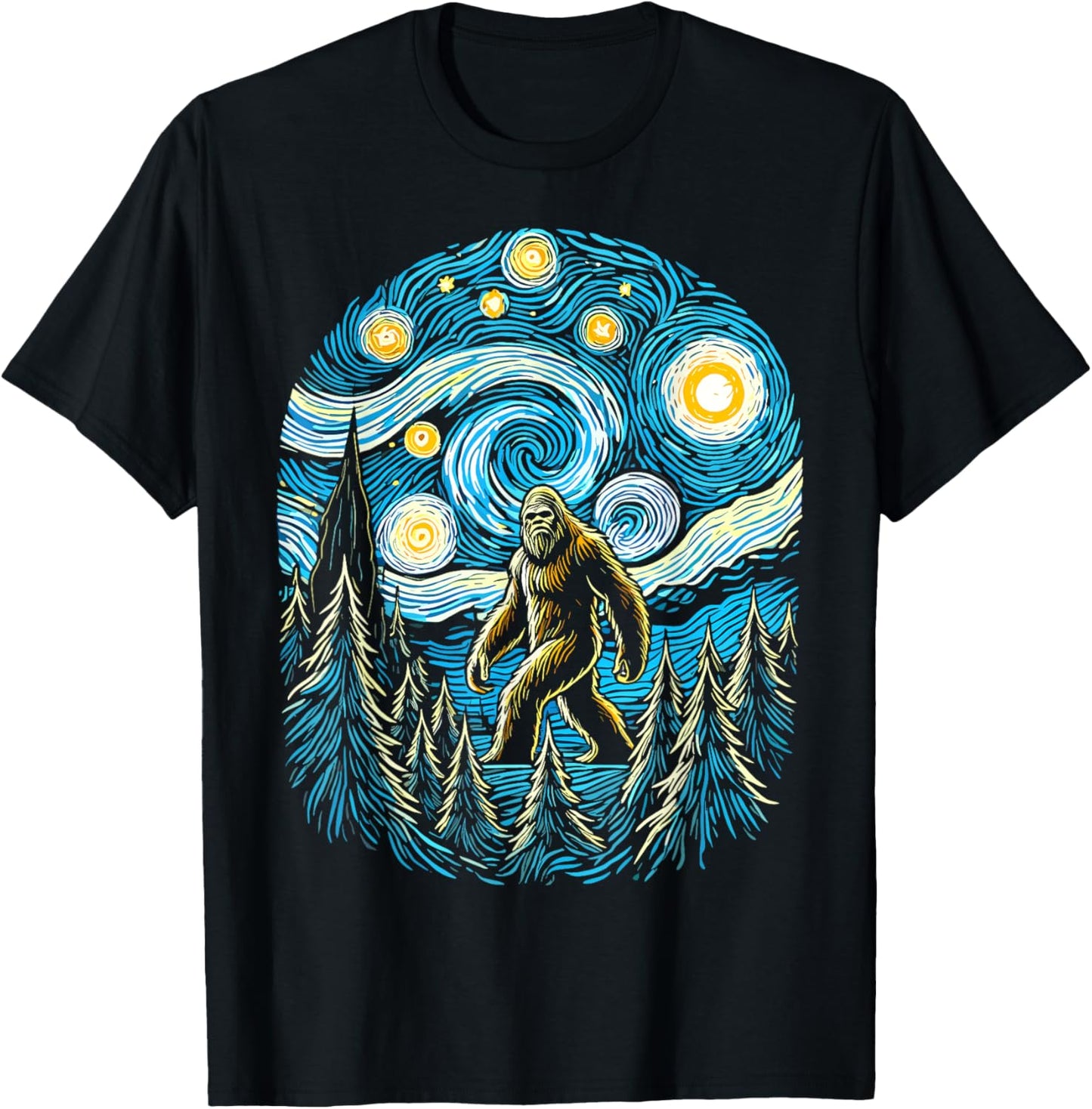 Bigfoot Starry Night Forest Van Gogh Sasquatch Painting Art T-Shirt - T-Shirt | Black