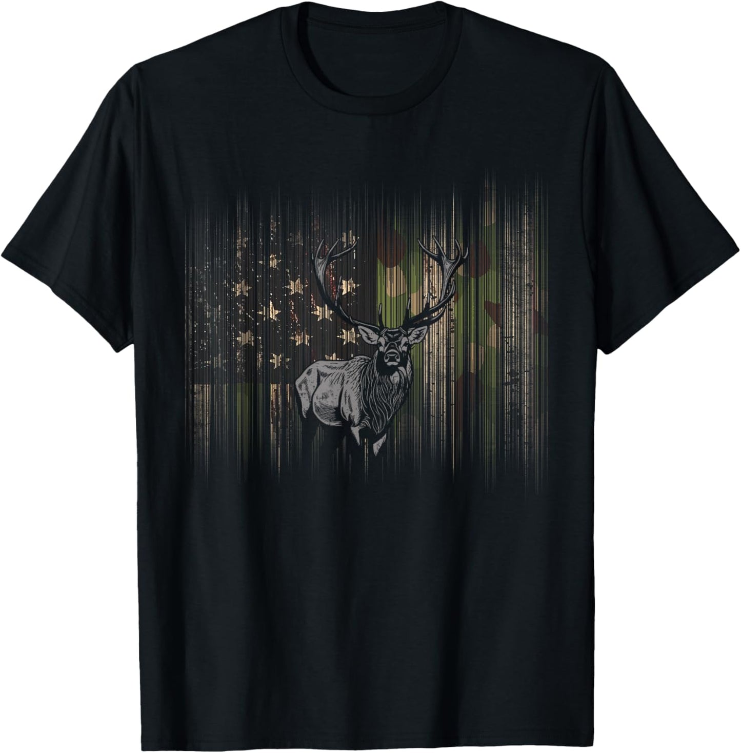 BASBO American Flag Camouflage Outdoor Antlers Elk Deer , Small, Black T-Shirt - T-Shirt | Black