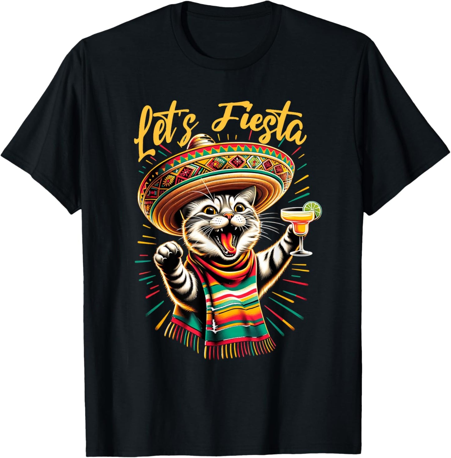 Mexican Let's Fiesta Sombrero Cat Cinco De Mayo Funny Cat Men Women T-Shirt - T-Shirt | Black