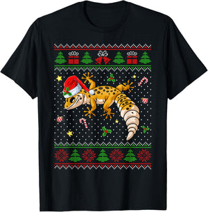Cute Leopard Gecko Santa Hat Ugly Christmas Sweater Xmas PJS T-Shirt - T-Shirt | Black