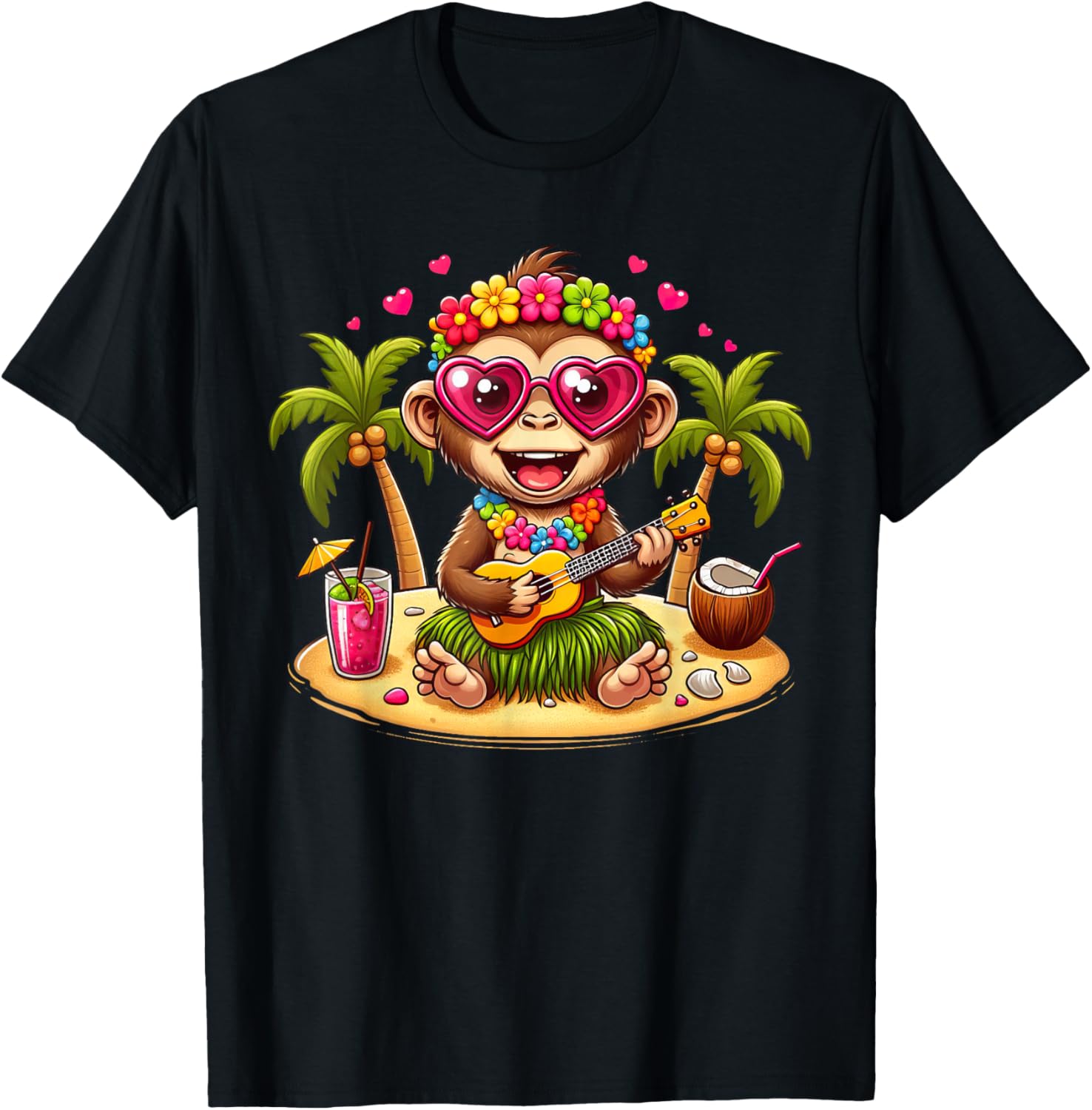 Funny Monkey Hawaiian Costume Kids Summer Vacation Monkey T-Shirt - T-Shirt | Black