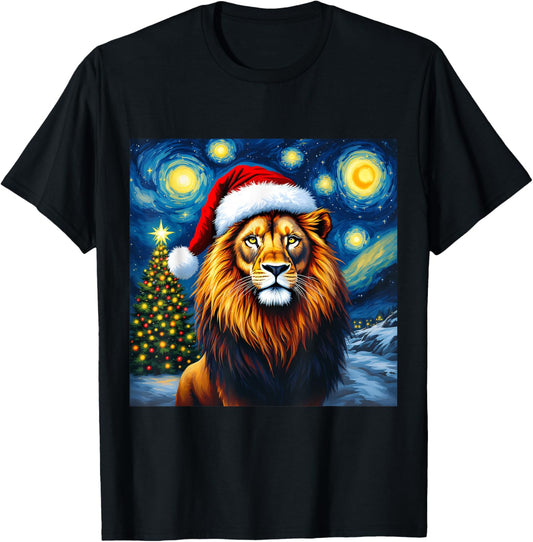 Christmas Lion Santa Hat Van Gogh Starry Night Holiday T-Shirt - T-Shirt | Black