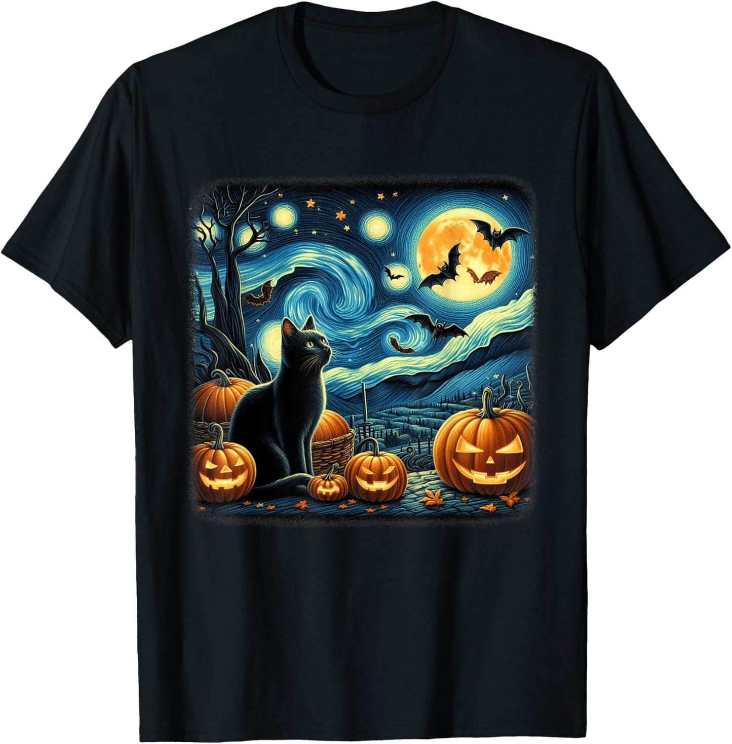 Van Gogh Cat Starry Night Black Cat Halloween Cat Lovers Men Women Kids T-Shirt - T-Shirt | Black