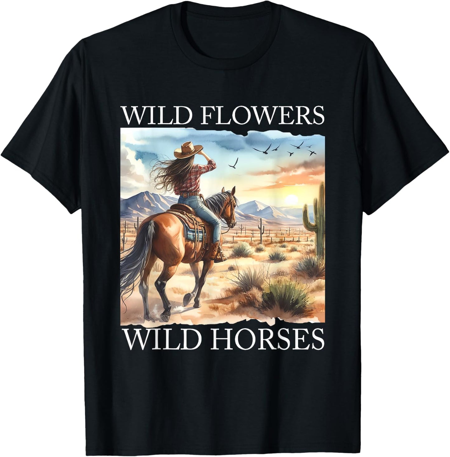 Sunset Cowgirl Riding Horse Wild Flowers - Wild Horses T-Shirt - T-Shirt | Black