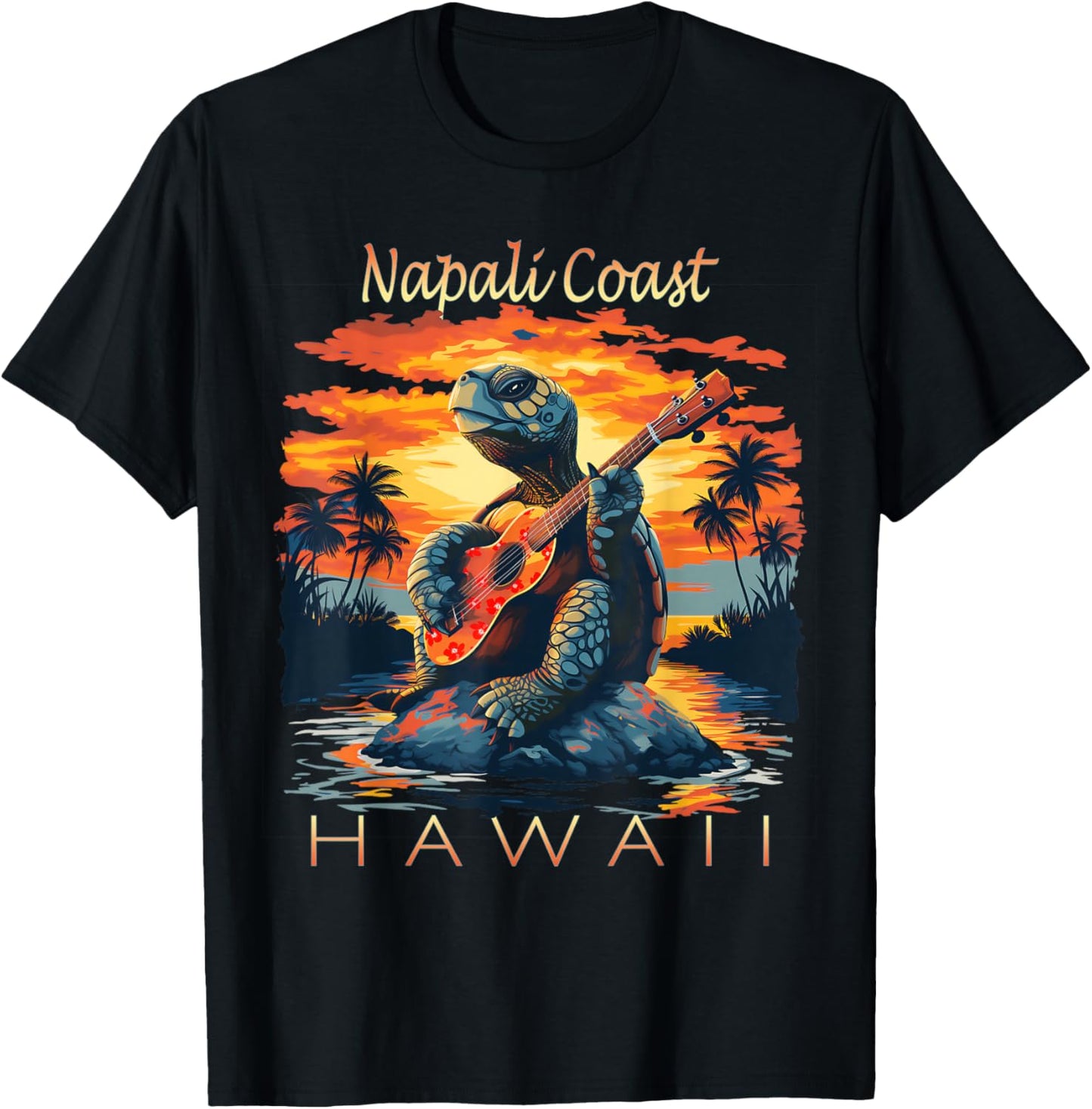 Cute Napali Coast Hawaii Sea Turtle Ukulele Souvenir T-Shirt - T-Shirt | Black