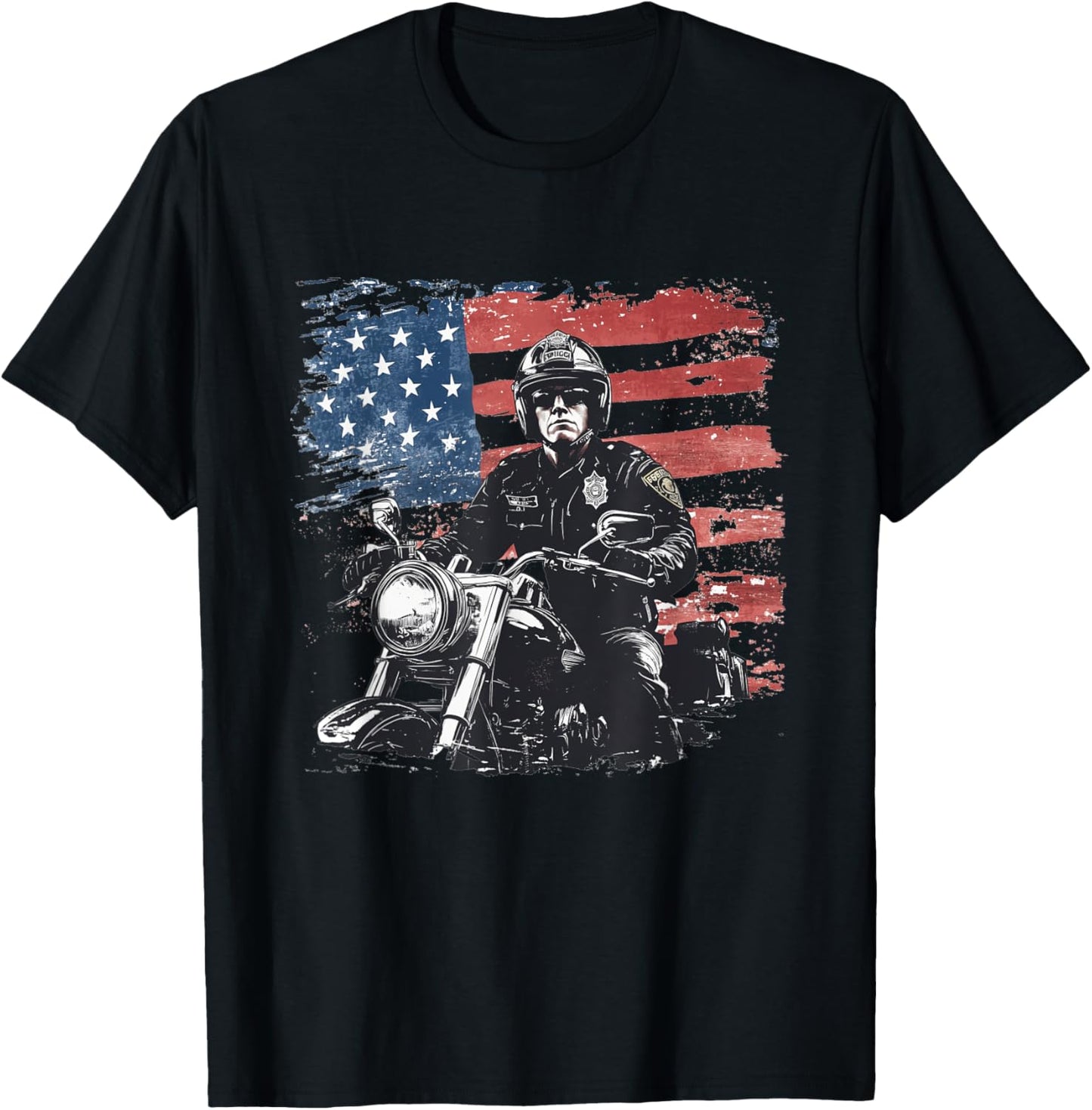 Patriotic Biker Cop. American Officer Motorcycle Police T-Shirt - T-Shirt | Black