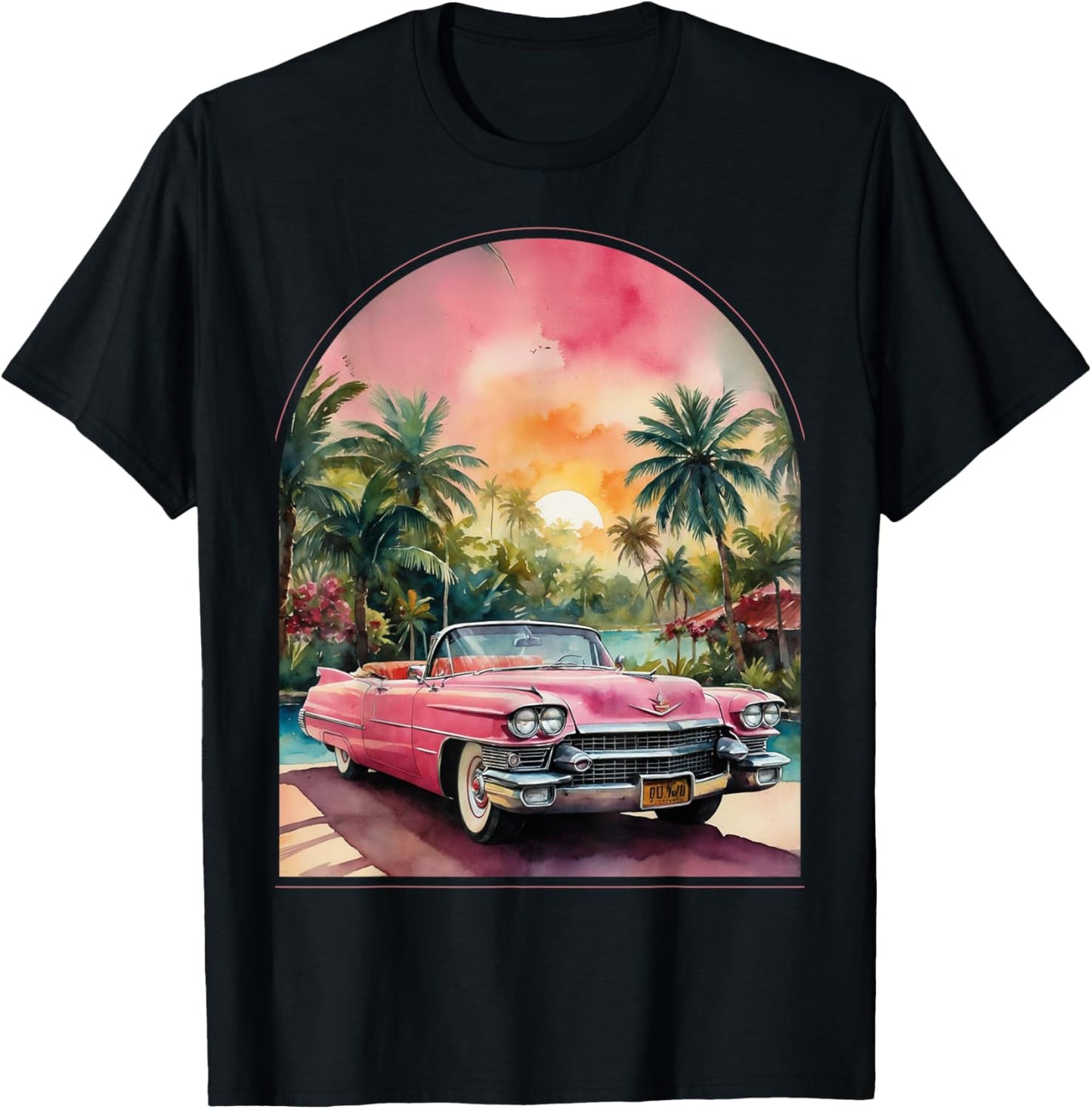 Old School Cadillac Pink | Watercolor | Palm Trees | Exotic T-Shirt - T-Shirt | Black