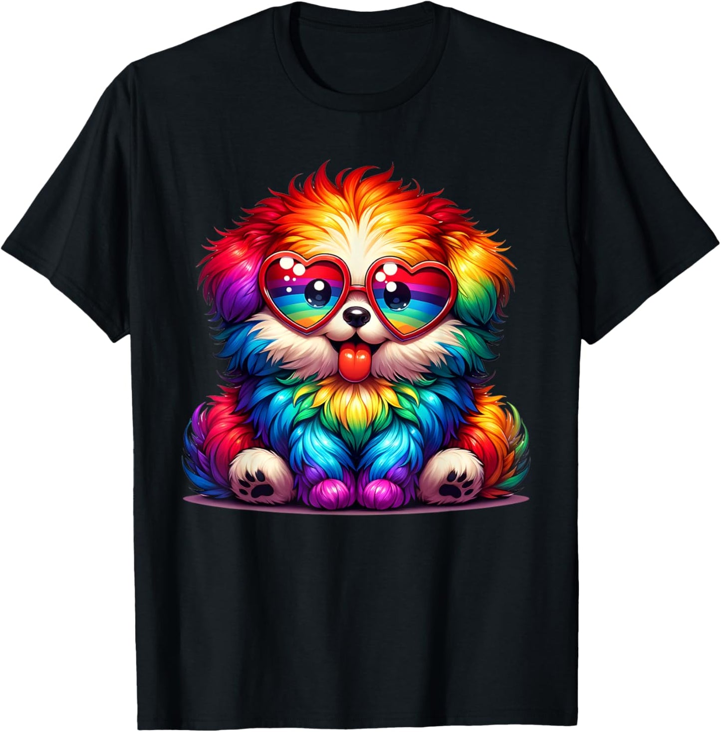 Rainbow Cute Dog Wearing Glasses Heart Puppy Love Dog Funny Men Women Kids T-Shirt - T-Shirt | Black