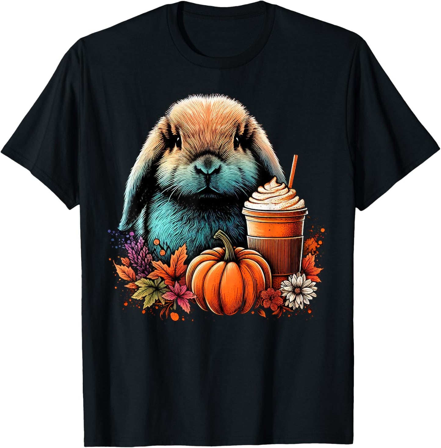 Holland Lop Rabbit Pumpkin Spice Latte Lovers Bunny Autumn T-Shirt - T-Shirt | Black