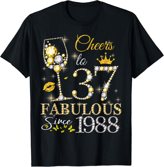 Cheers to 37 Years Old EST 1988 37th Birthday Queen T-Shirt - T-Shirt | Black