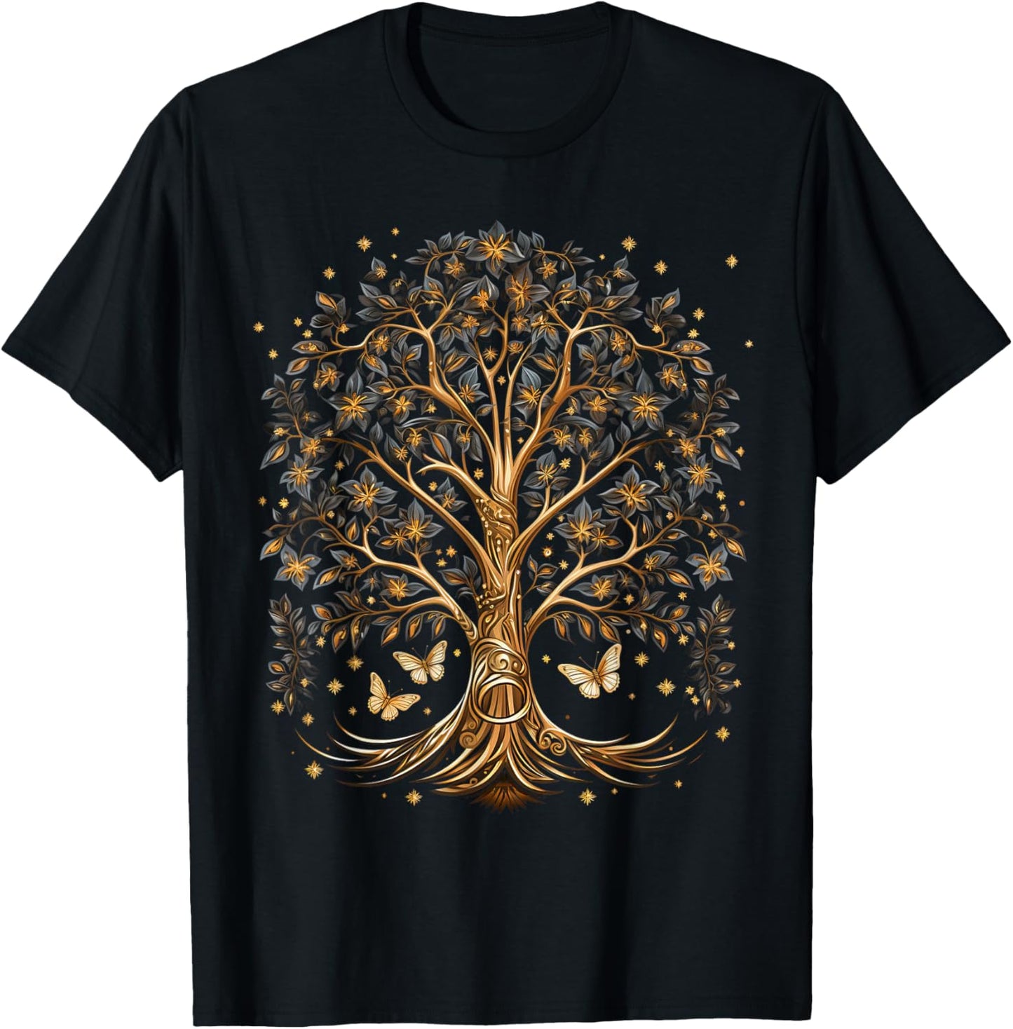 Fall Autumn falling leaves with Tree and Butterfly T-Shirt - T-Shirt | Black