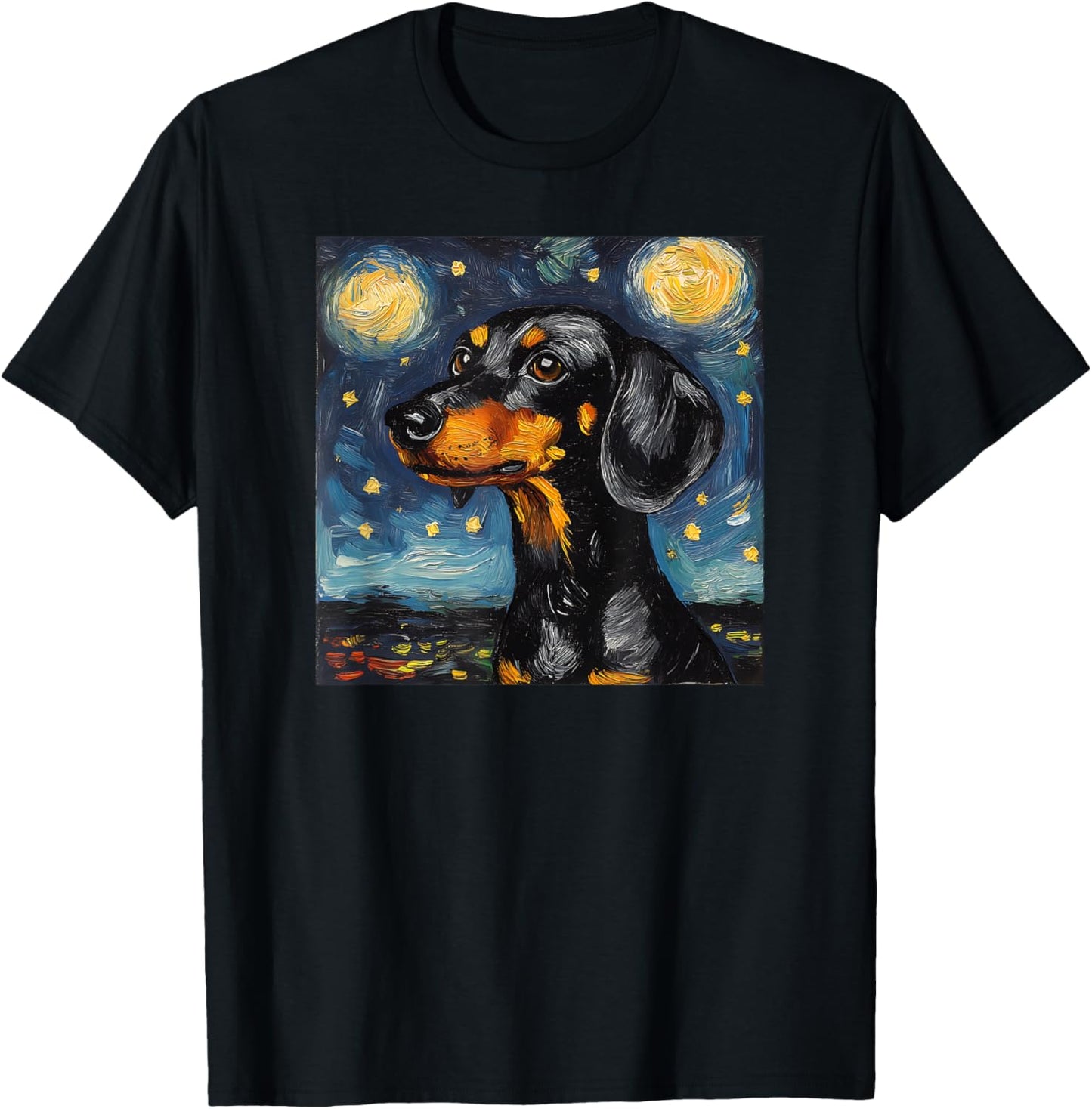 Cute Black and Tan Dachshund Starry Night Dog Art T-Shirt - T-Shirt | Black