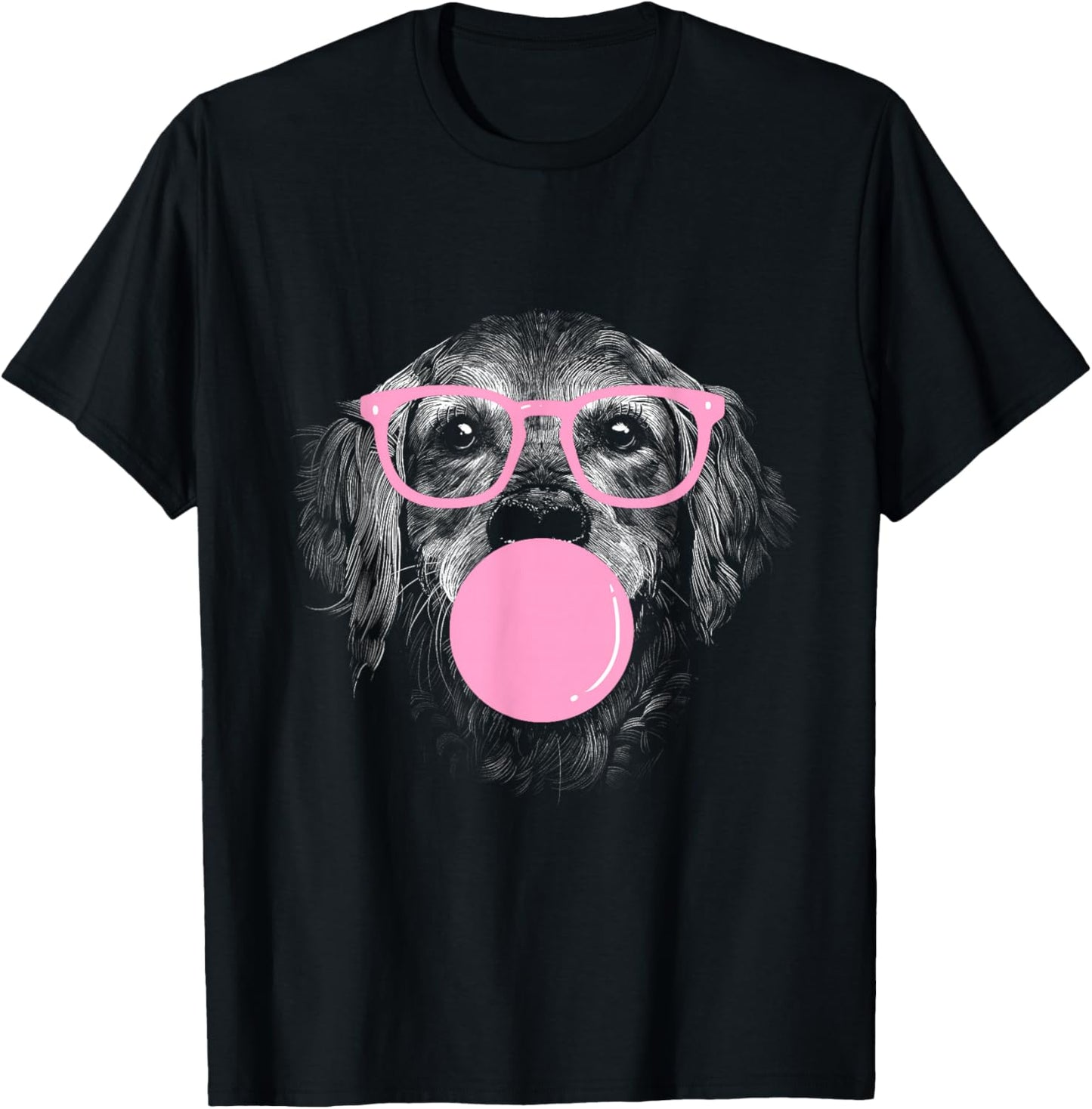 Dog Drawing - Realistic Dog with Glasses and Chewing Gum T-Shirt - T-Shirt | Black