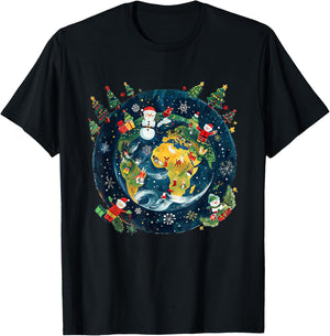 Global Xmas Celebration Apparel -Adults Christmas , Black, Small, Short Sleeve, Modern, Winter, Christmas Around the World Festive Winter Earth Design T-Shirt - T-Shirt | Black
