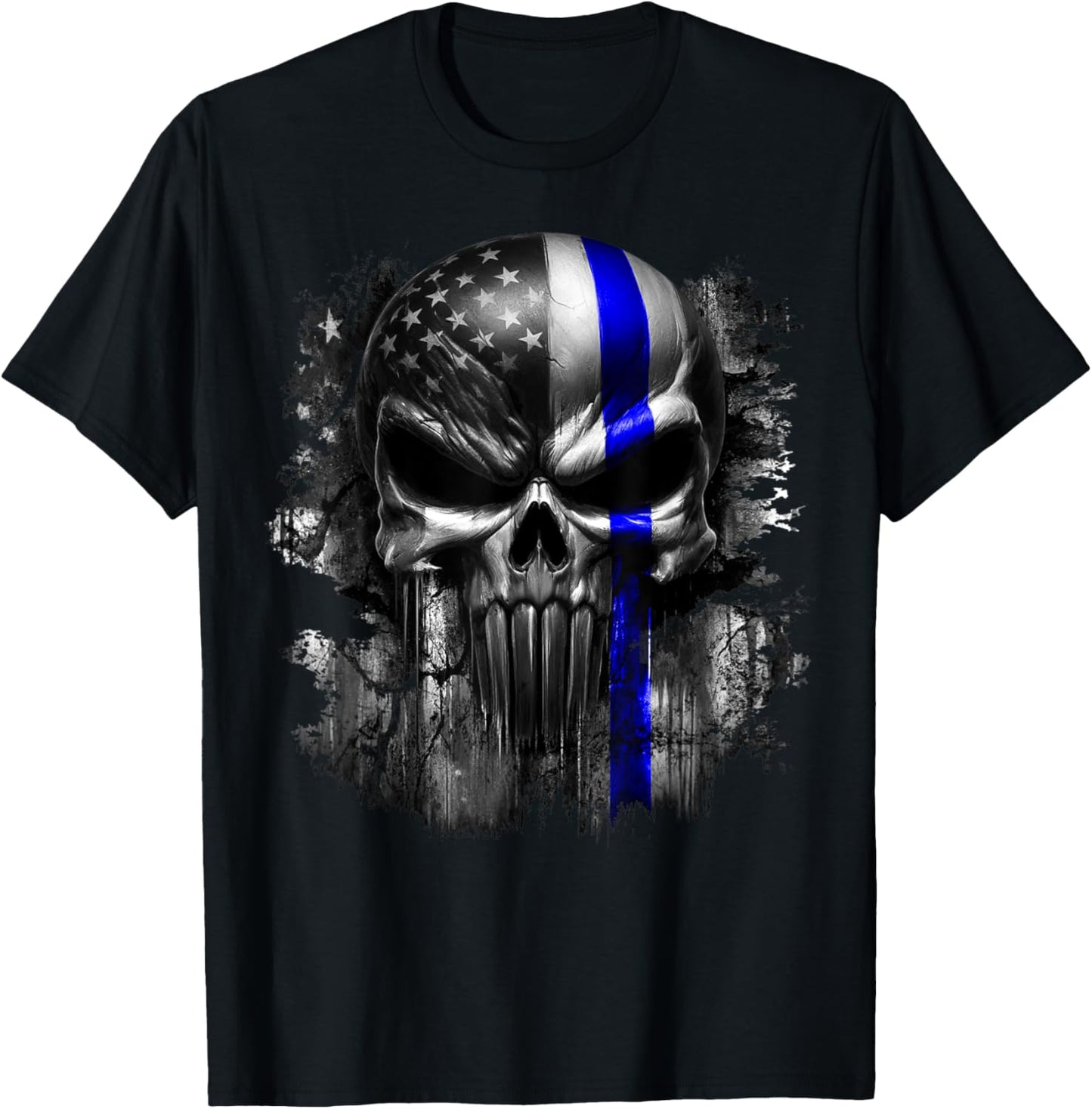 USA American Skull Patriotic Flag Blue Line Grunge Graphic Women Men T-Shirt - T-Shirt | Black