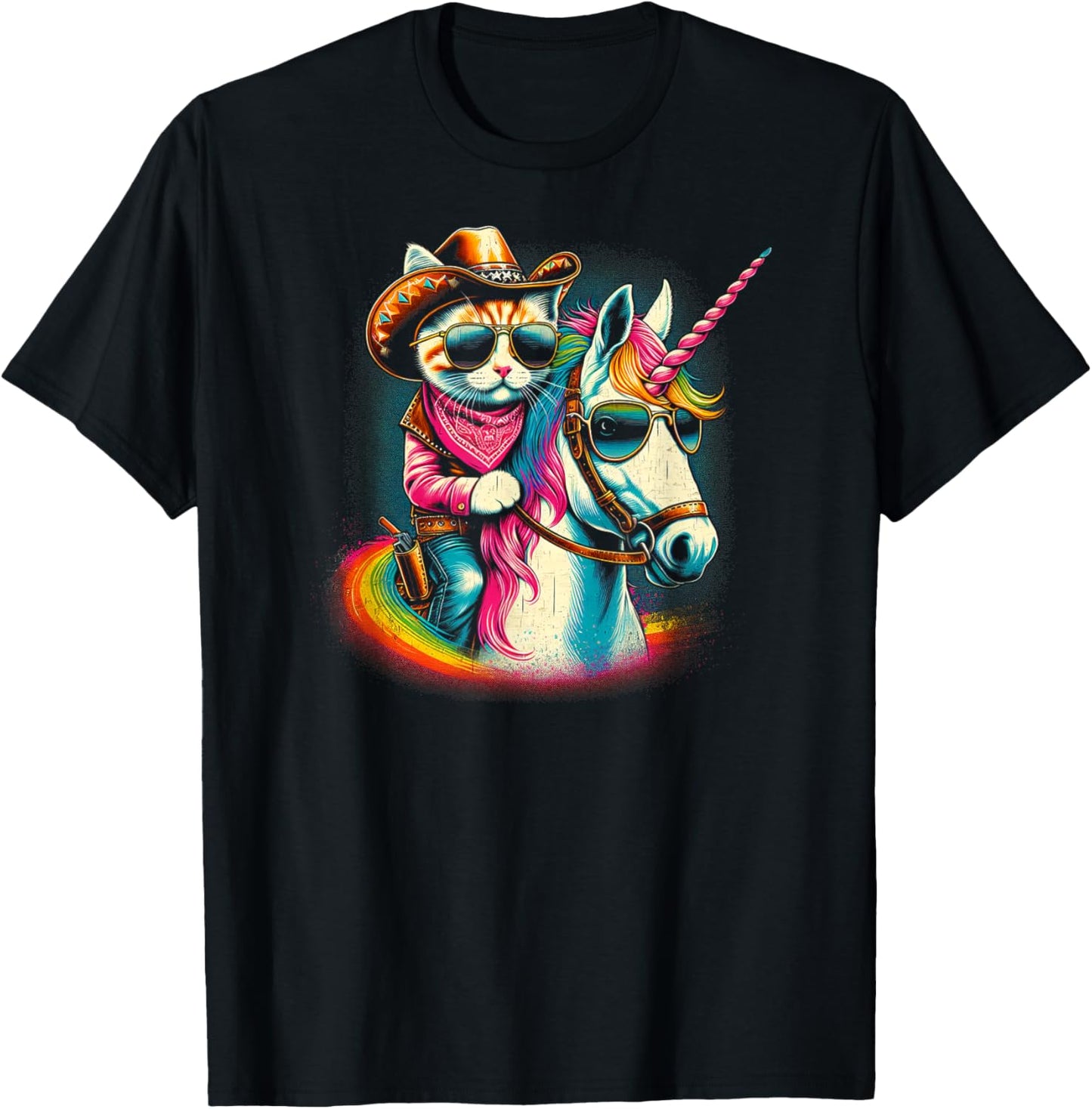 Whimsical Wear Cowboy Cat Riding Unicorn Fun T-Shirt - T-Shirt | Black