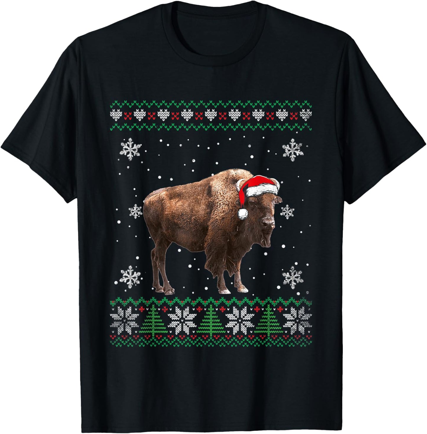 Santa Bison Ugly Sweater Animals Christmas Pajama T-Shirt - T-Shirt | Black