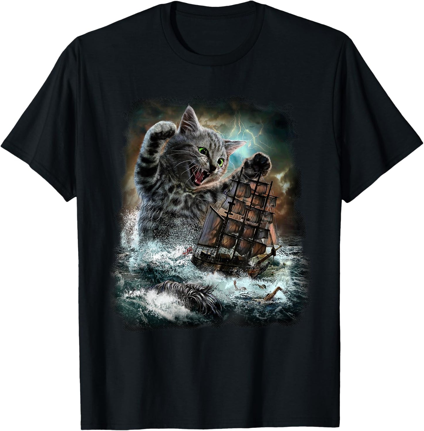 Monster Tabby Cat Ambush Battle Ship T-Shirt - T-Shirt | Black