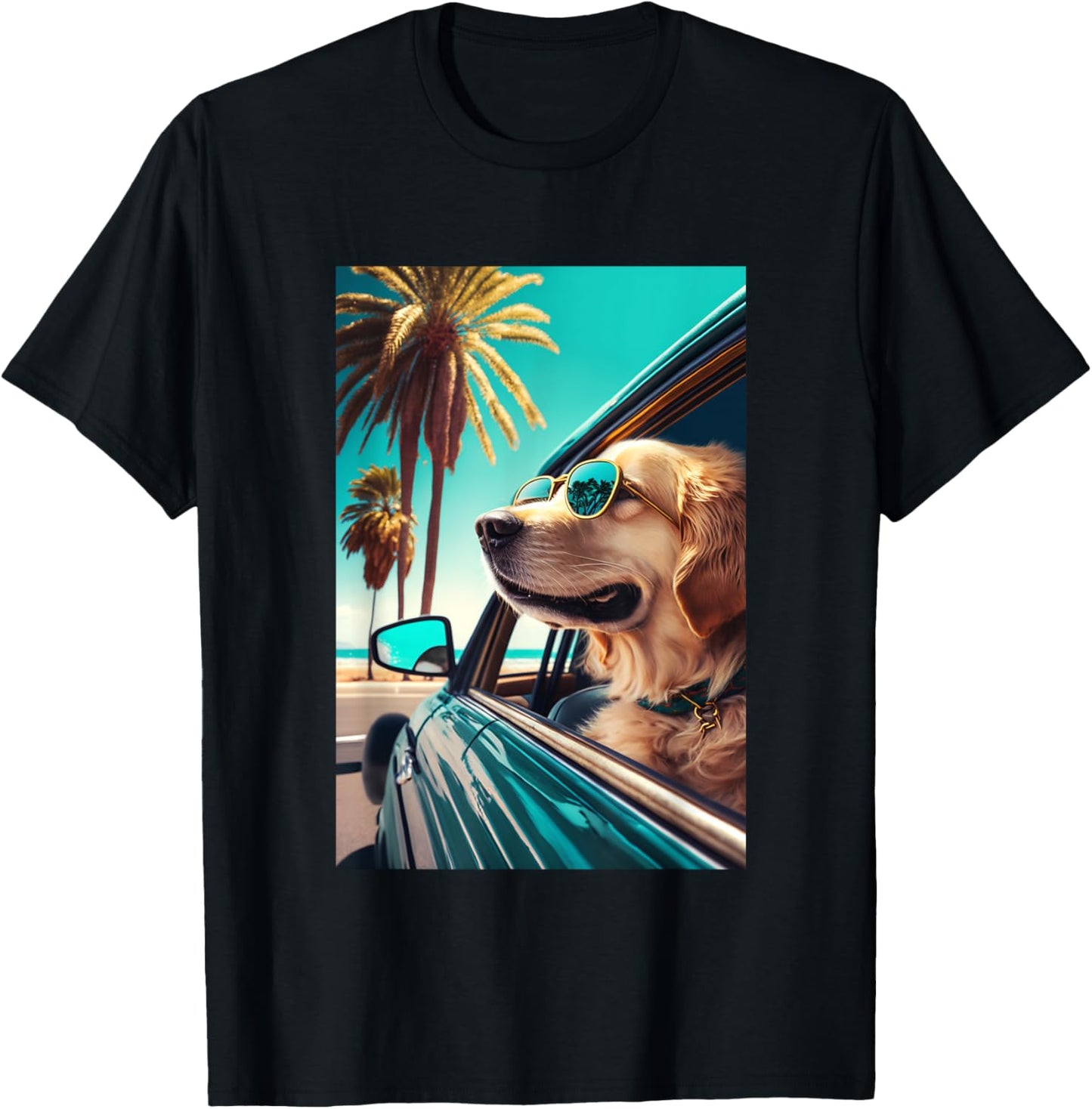 Golden Retriever Sunglasses Beach Palm Trees Summer Dog T-Shirt - T-Shirt | Black