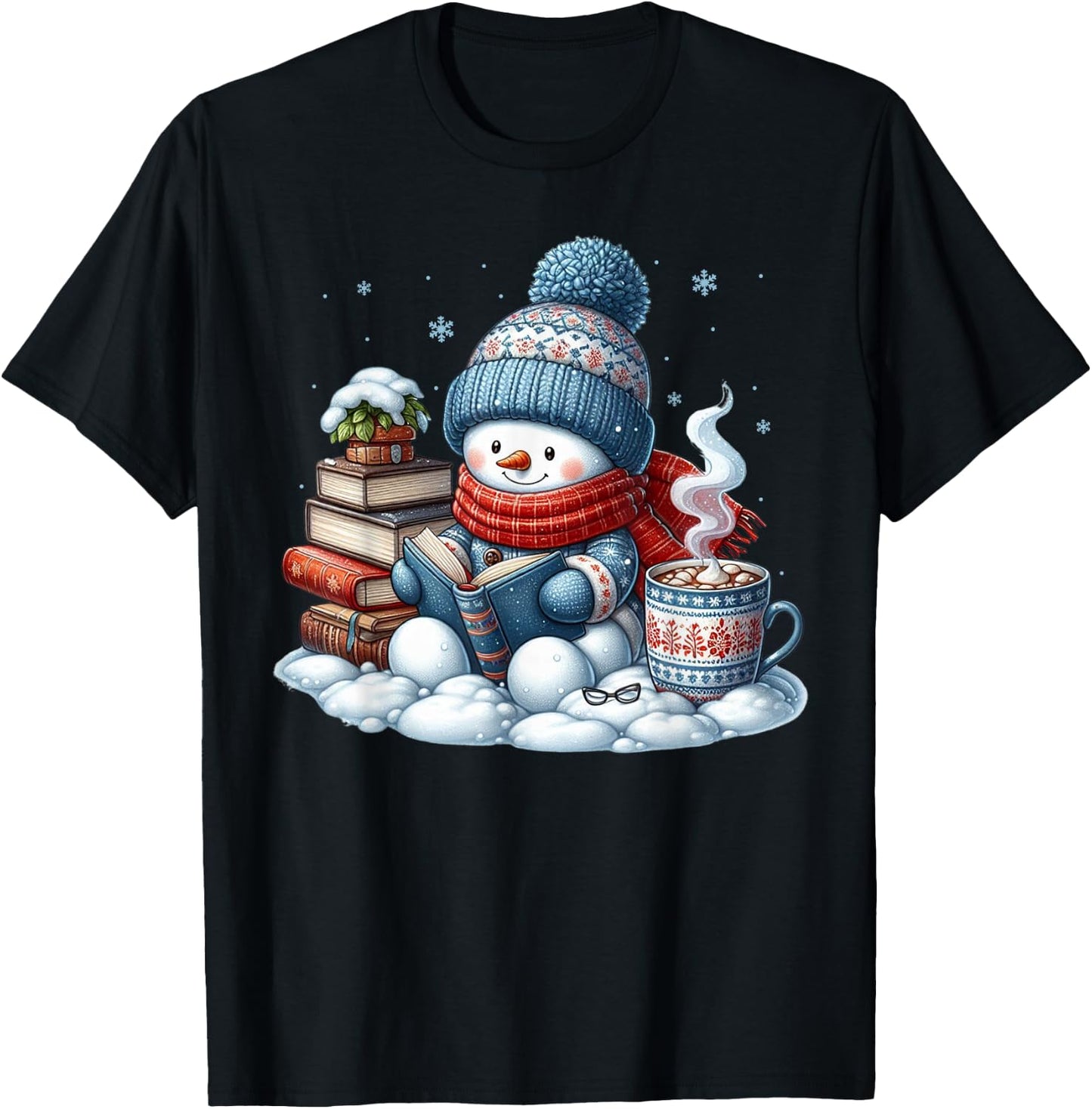 Snowman Reading Books Lovers Librarian Bookworm Christmas T-Shirt - T-Shirt | Black