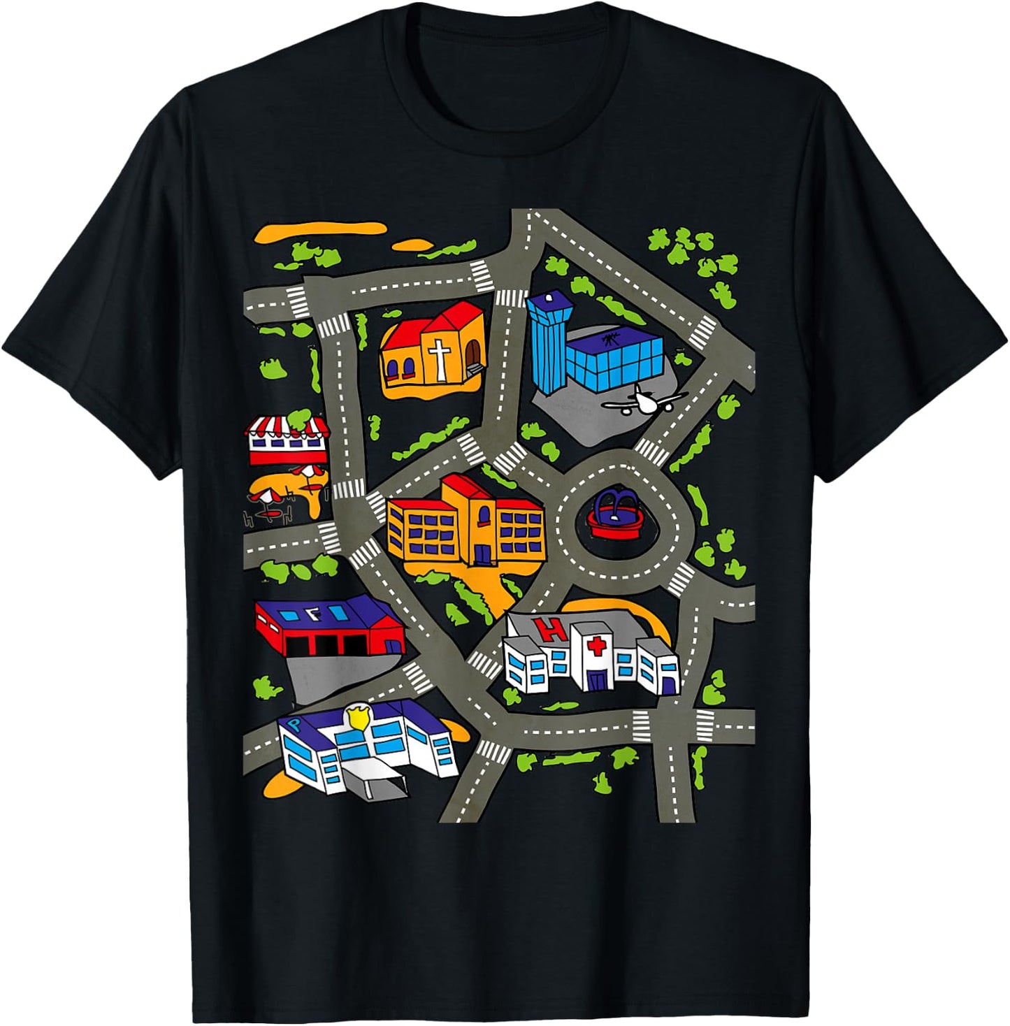Car Play Mat Race Track Road Map Rug Design Illustration T-Shirt - T-Shirt | Black