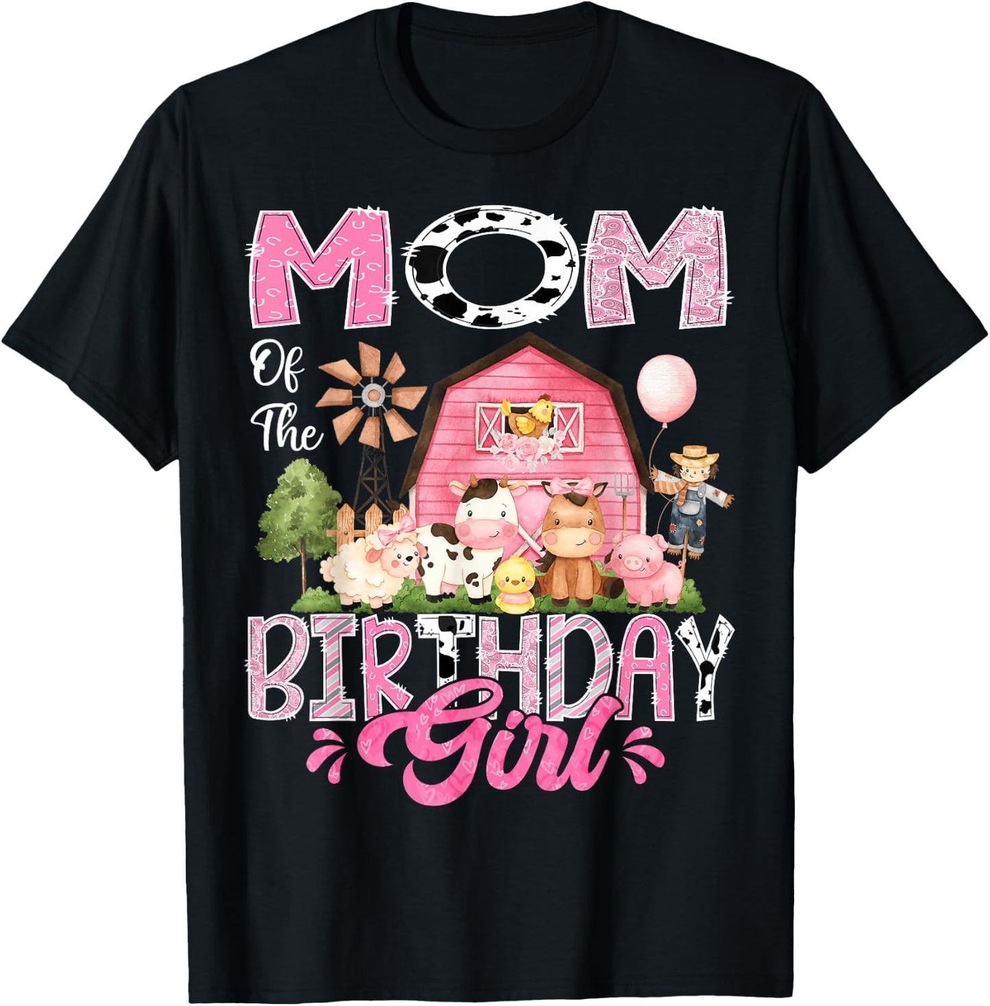 Mom Of The Birthday Girl Pink Farm Cow First Birthday T-Shirt - T-Shirt | Black