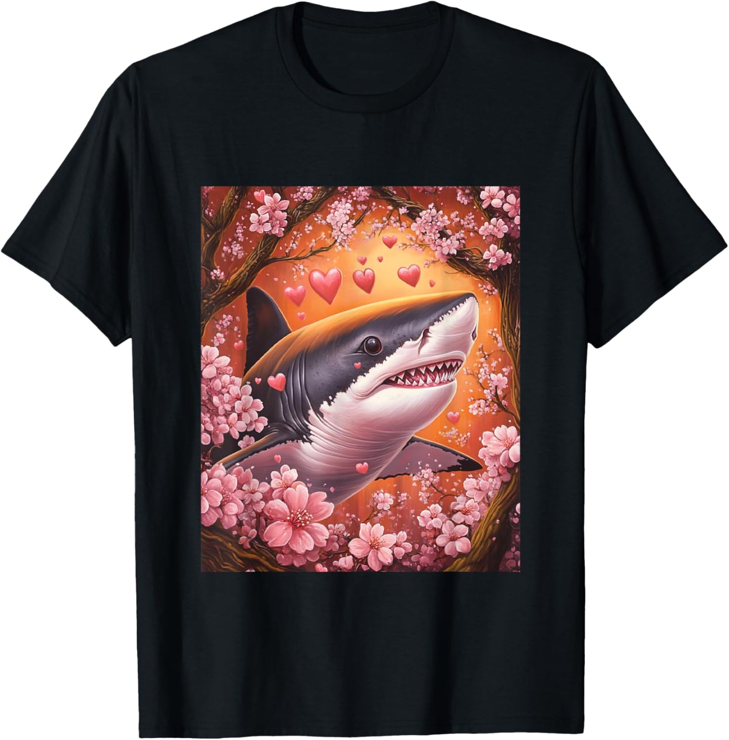 Shark Japanese Cherry Blossom Graphic for Valentines Day T-Shirt - T-Shirt | Black