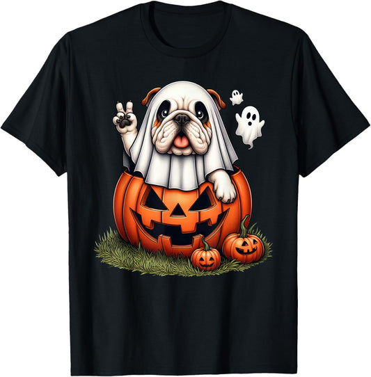Funny English Bulldog Ghost Boo Halloween Kids T-Shirt - T-Shirt | Black