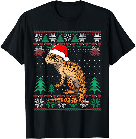 Ugly Christmas Pajama Sweater Leopard Gecko Animals Lover T-Shirt - T-Shirt | Black