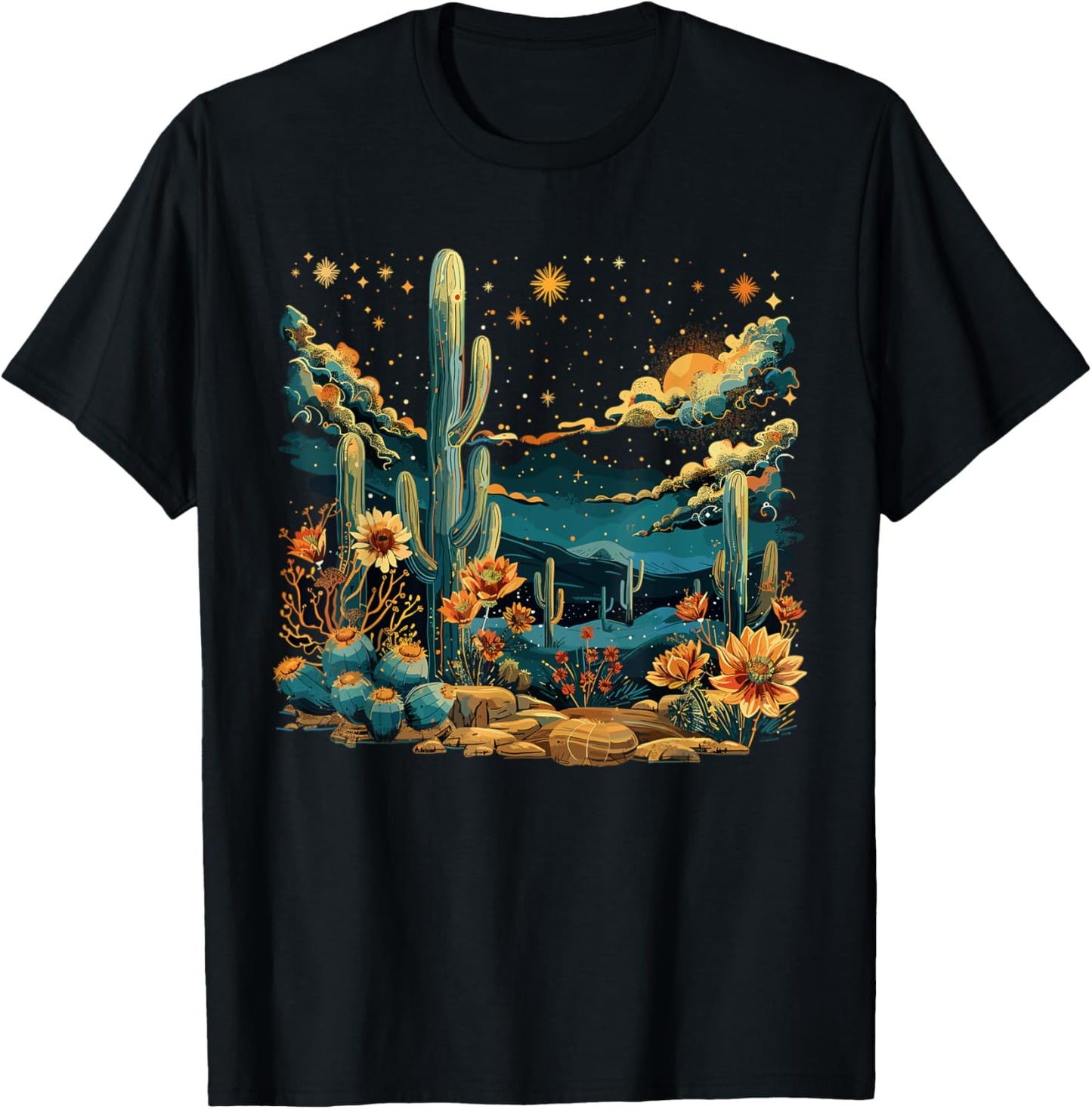 Saguaro Cactus Desert Art Moon Nature T-Shirt - T-Shirt | Black