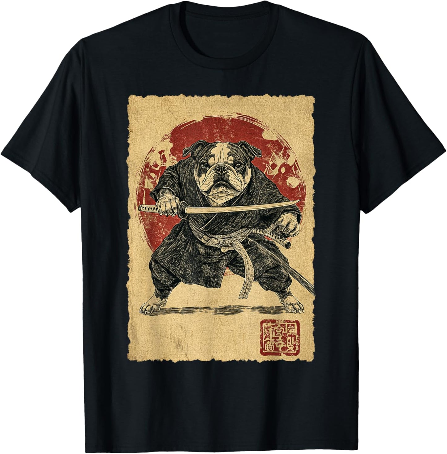 Funny Vintage Japanese Art Bulldog Ninja Samurai Warrior Men Women Girls Kids T-Shirt - T-Shirt | Black