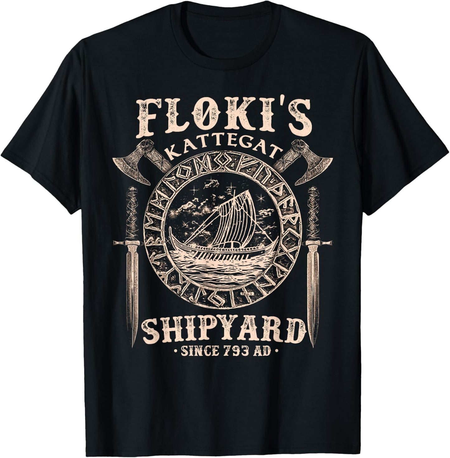 Flokis Shipyard Kattegat Viking Ship and Sword Gift T-Shirt - T-Shirt | Black