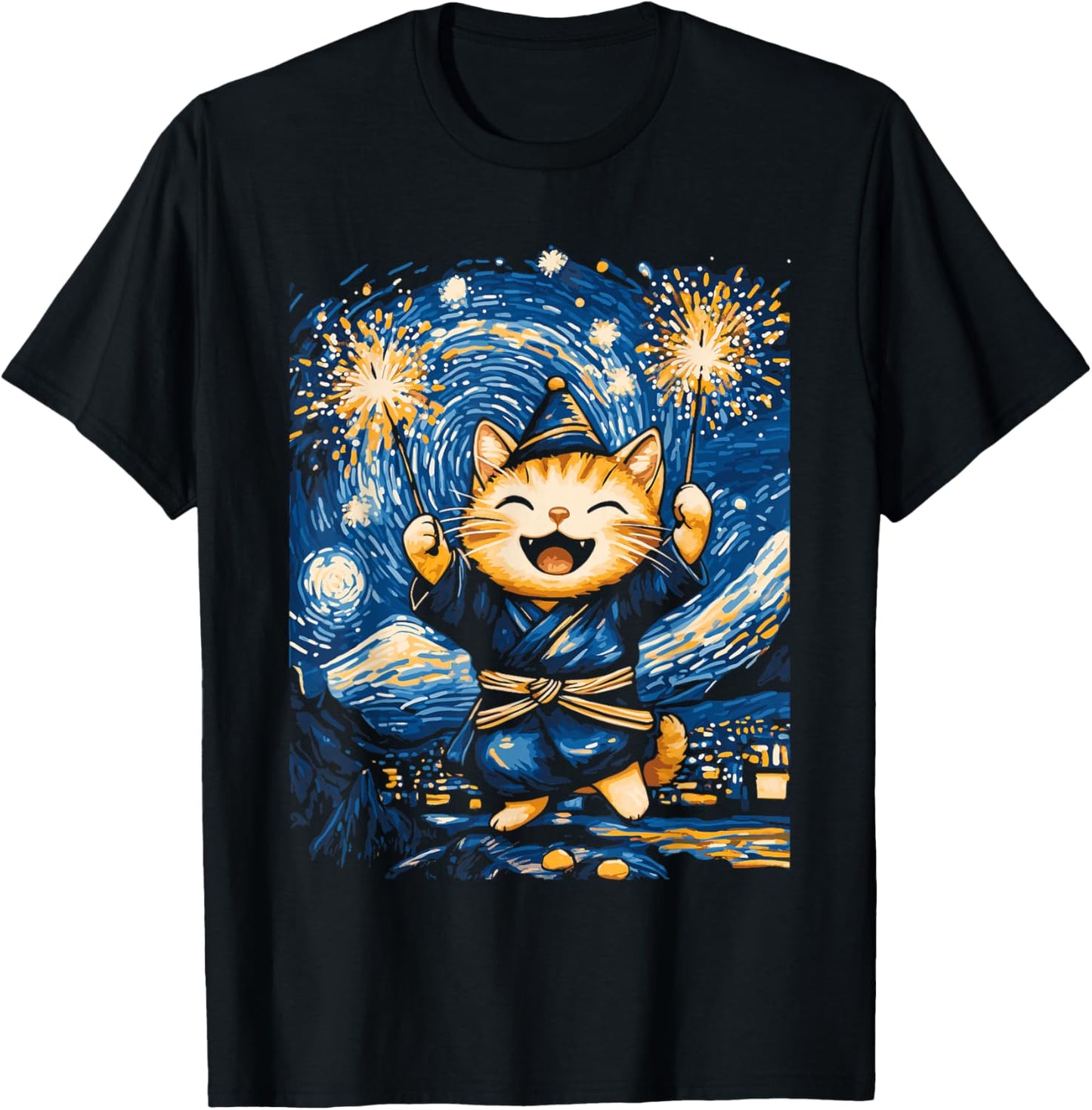 New Year Cat Starry Night Art for Cat Lovers T-Shirt - T-Shirt | Black