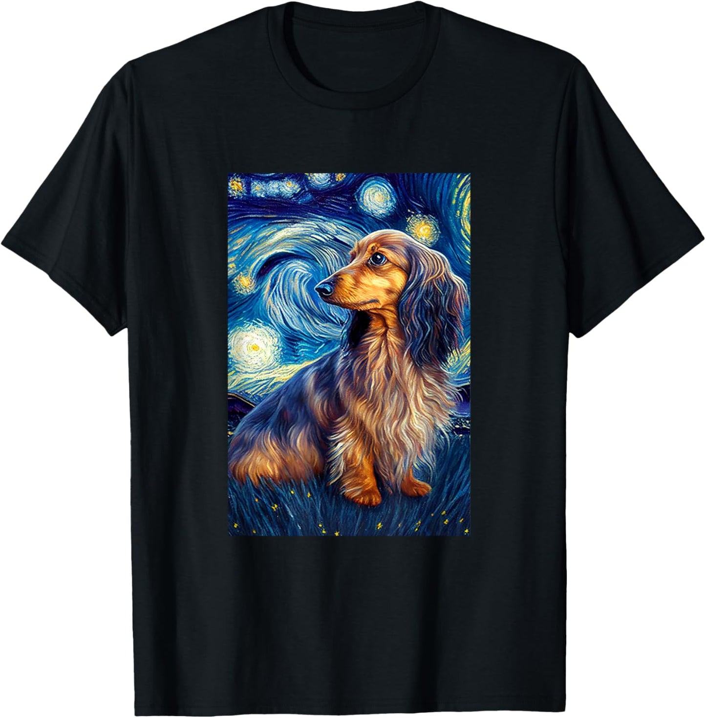 long hair Dachshund in Starry Night Painting Dog Mom Dad T-Shirt - T-Shirt | Black