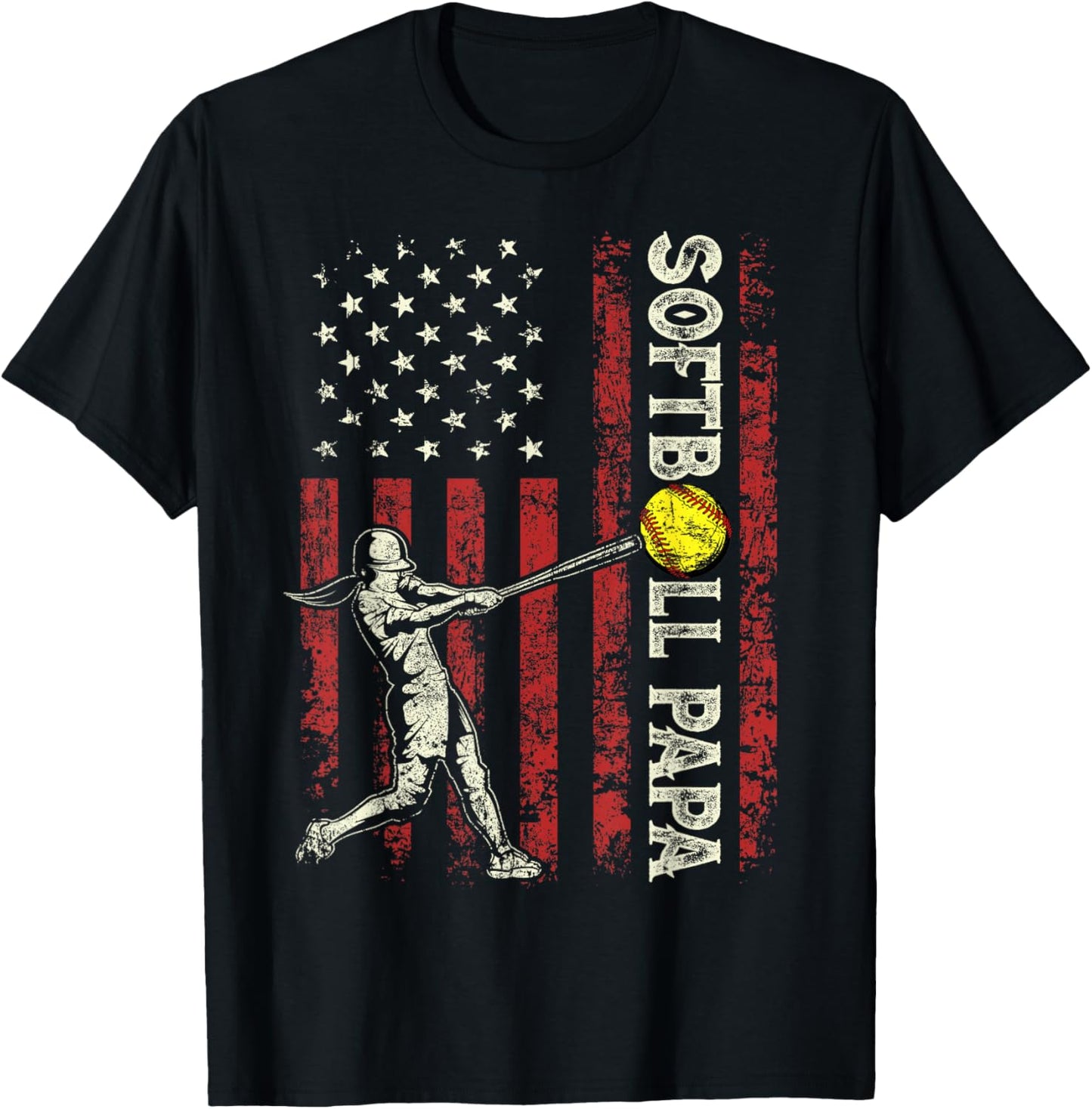 Softball Papa US Flag Gifts Dad Men Patriotic Father's Day T-Shirt - T-Shirt | Black