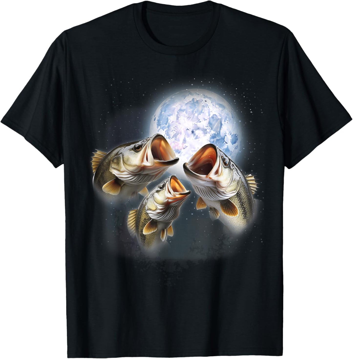 3 Bass Fish At The Moon Funny Bass Fishing Lover Fisherman T-Shirt - T-Shirt | Black