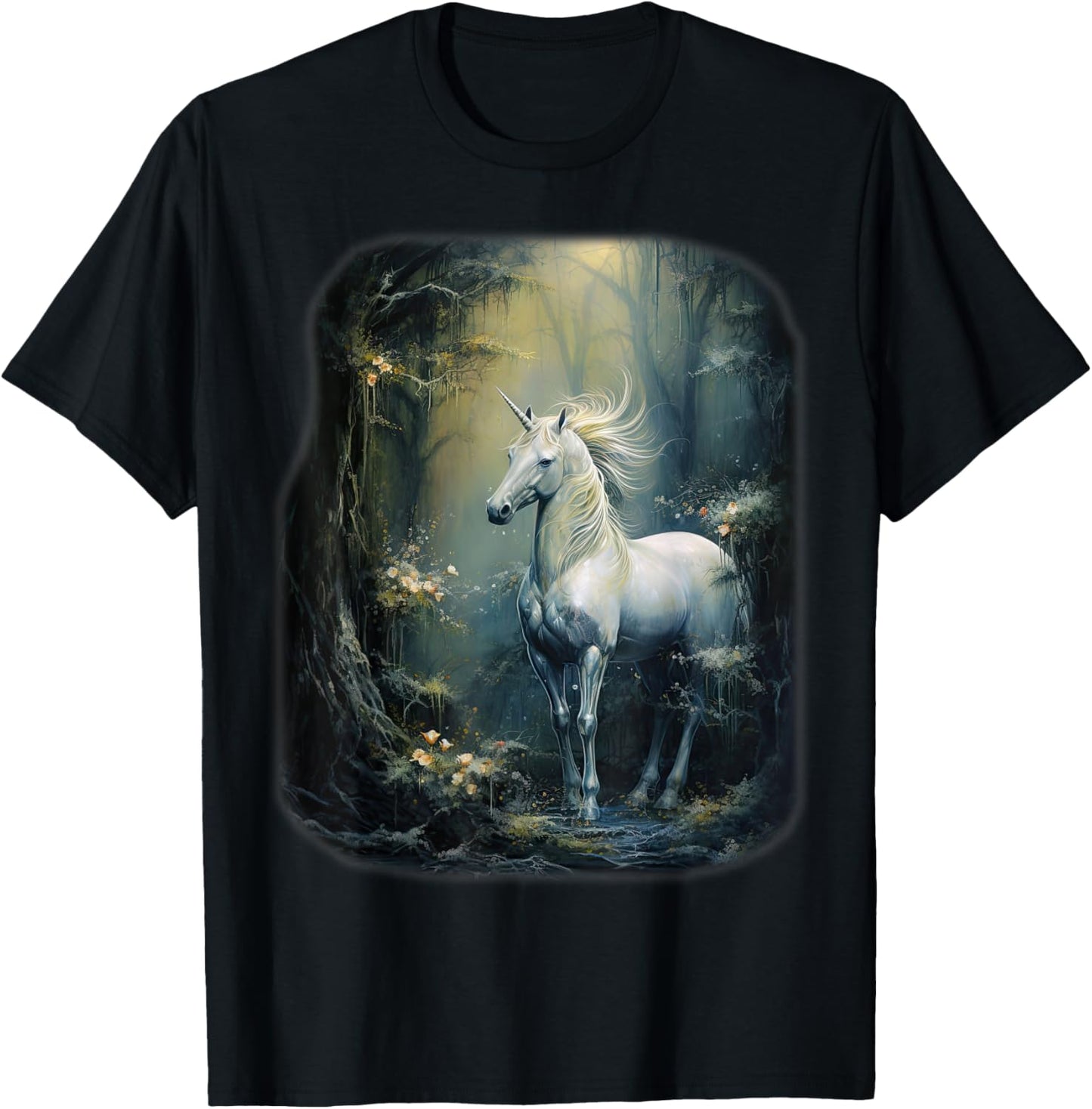 Fantasy white Unicorn standing in a Forest T-Shirt - T-Shirt | Black