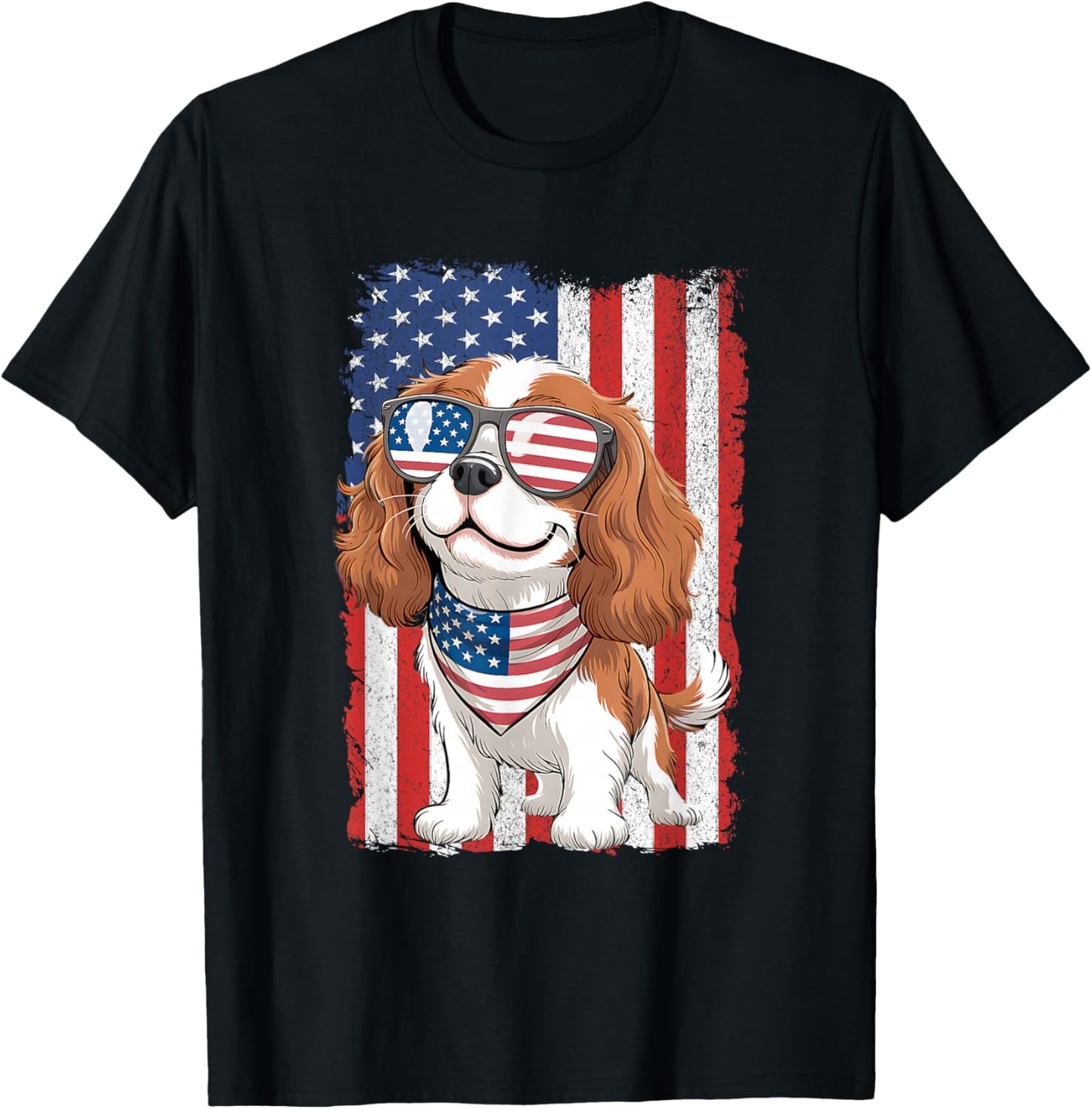 Cavalier King Charles Spaniel 4th of July Patriotic USA Flag T-Shirt - T-Shirt | Black