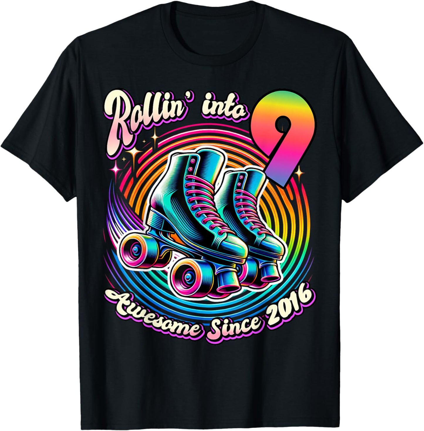Birthday Roller Skating 9th Girls Rollin into 9 Skate Party T-Shirt - T-Shirt | Black