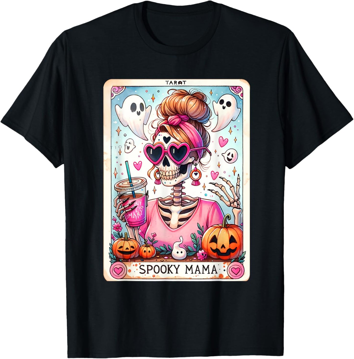 Spooky Mama Tarot Card Skeleton Mom Jack O Lantern Halloween T-Shirt - T-Shirt | Black