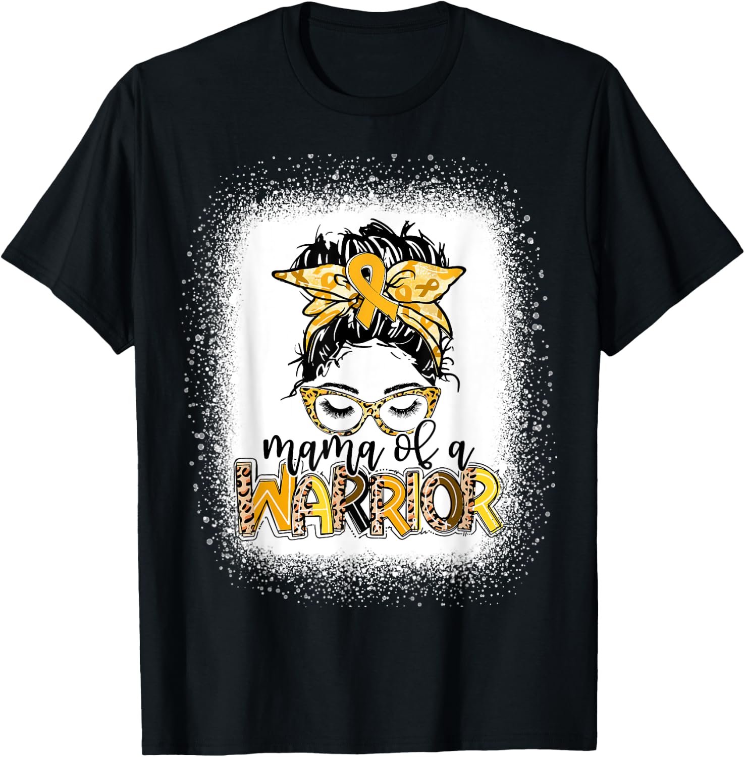 Childhood Cancer Awareness Women Messy Bun Mama of a Warrior T-Shirt - T-Shirt | Black