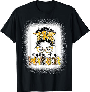 Childhood Cancer Awareness Women Messy Bun Mama of a Warrior T-Shirt - T-Shirt | Black