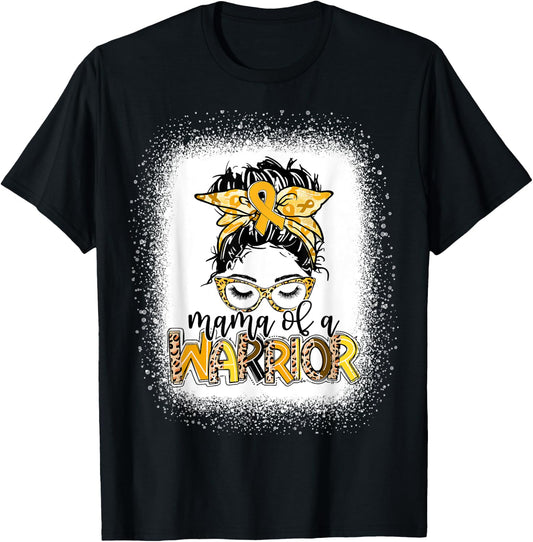 Childhood Cancer Awareness Women Messy Bun Mama of a Warrior T-Shirt - T-Shirt | Black