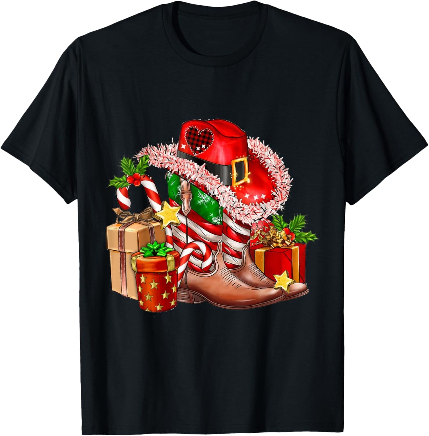 Merry Christmas Y'all Western Country Cowboy Boots T-Shirt - T-Shirt | Black