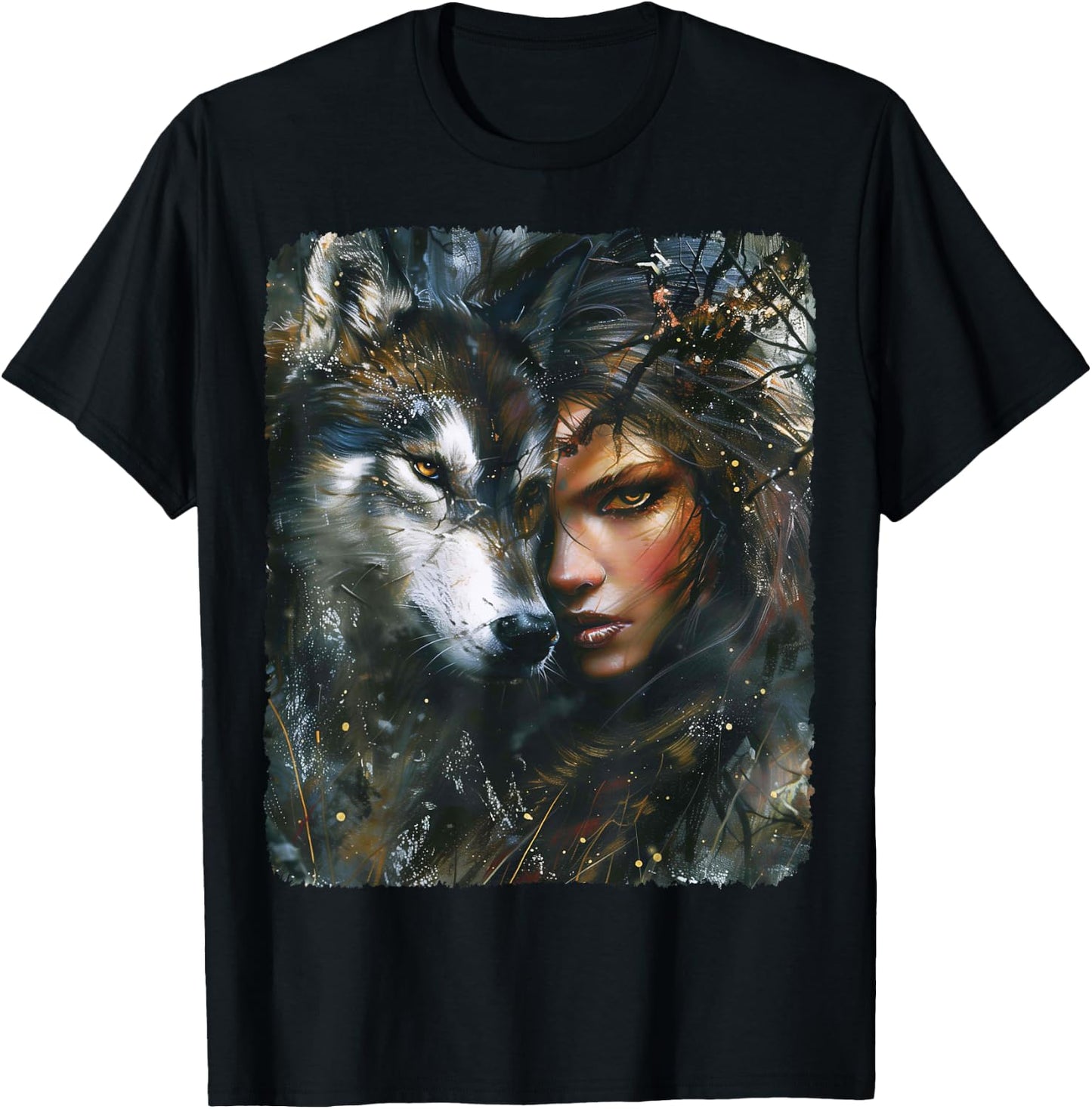 Beautiful Painting of a Woman with her Wolf T-Shirt - T-Shirt | Black
