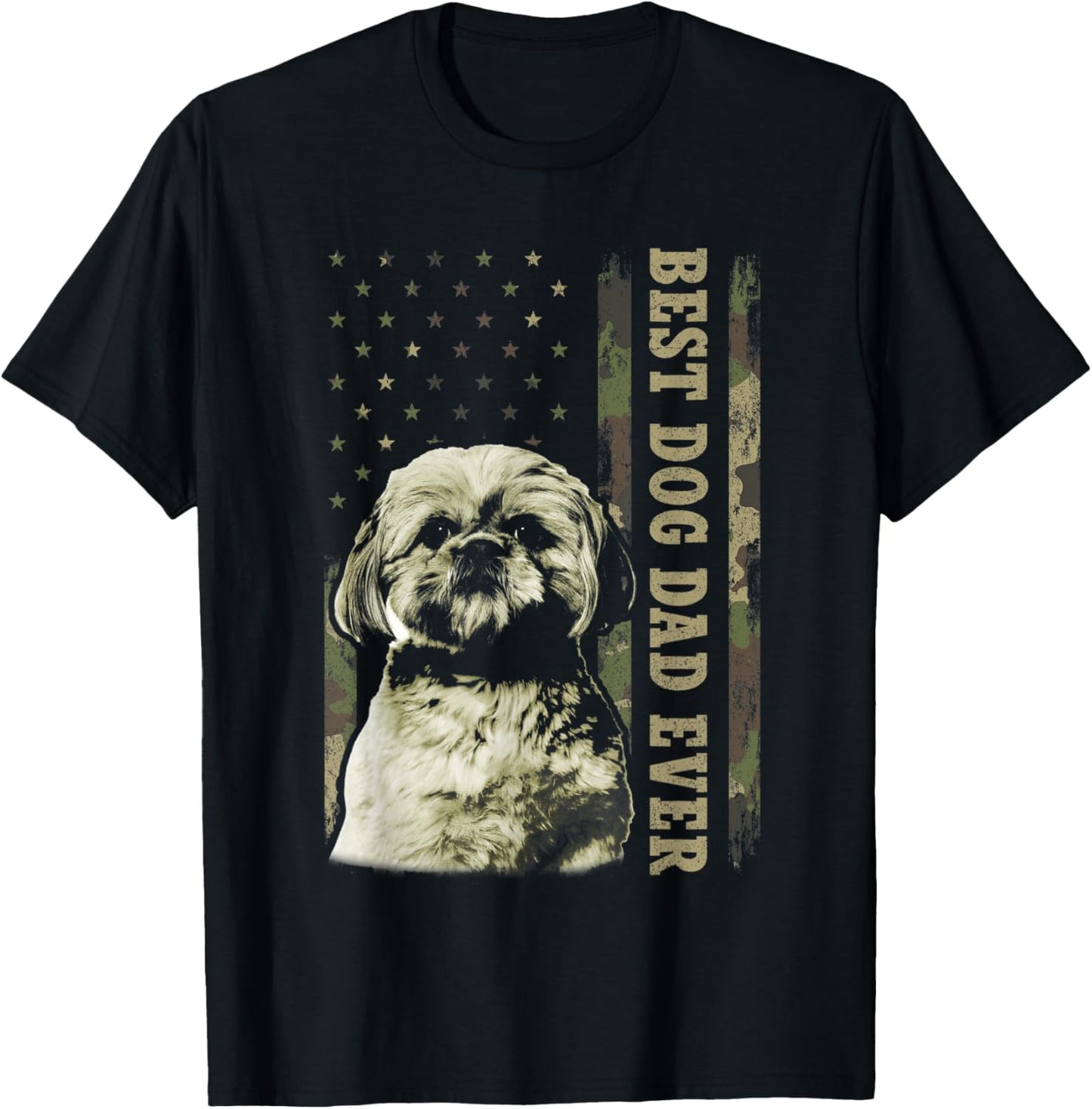 Best Shih Tzu Dad Ever Shirt, Camo American Flag Dog Dad T-Shirt - T-Shirt | Black