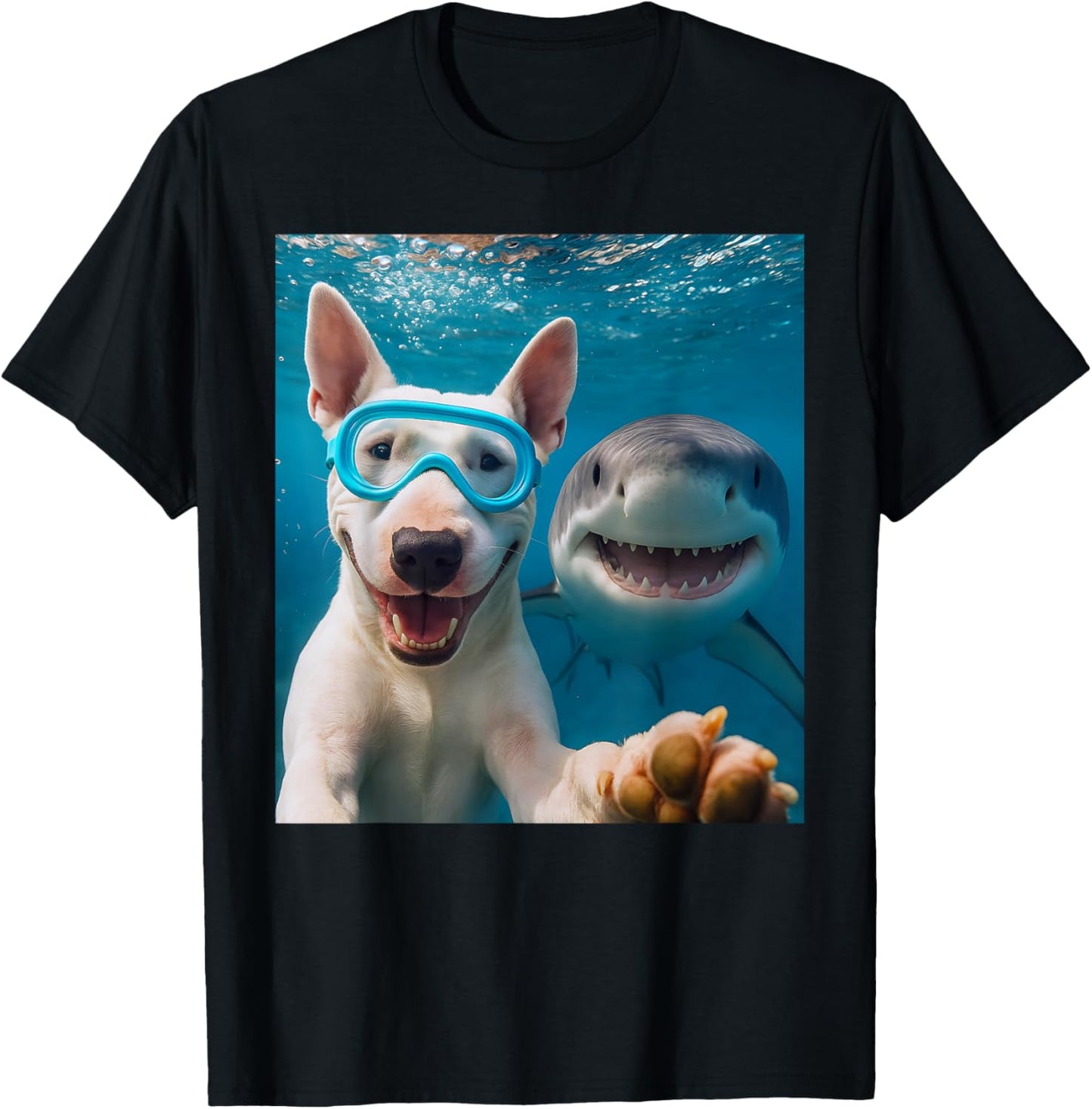 Funny Bull Terrier Dog Selfie with Shark Ocean Lovers T-Shirt - T-Shirt | Black