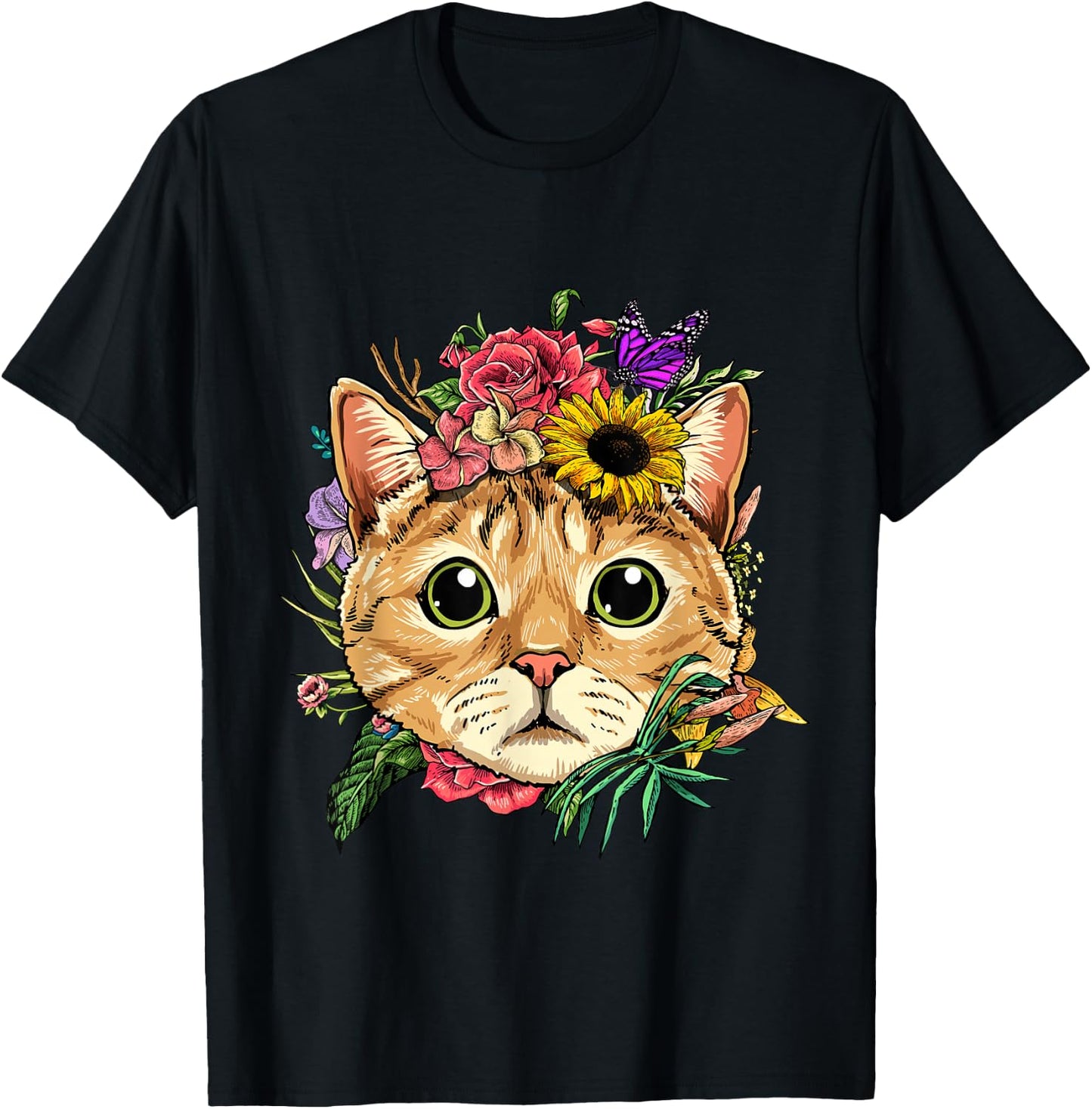 Floral Cat Spring Nature Cat Lovers T-Shirt - T-Shirt | Black