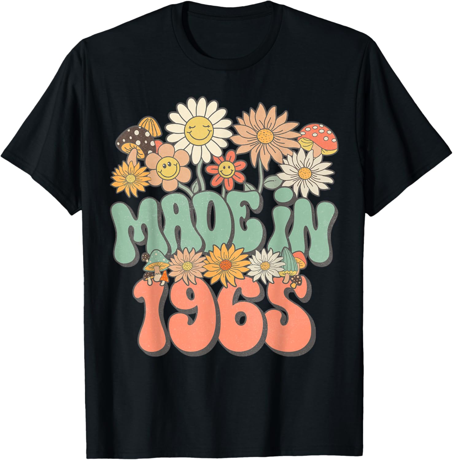 Retro Groovy Made In 1965 Floral Hippie Daisy 60th Birthday T-Shirt - T-Shirt | Black